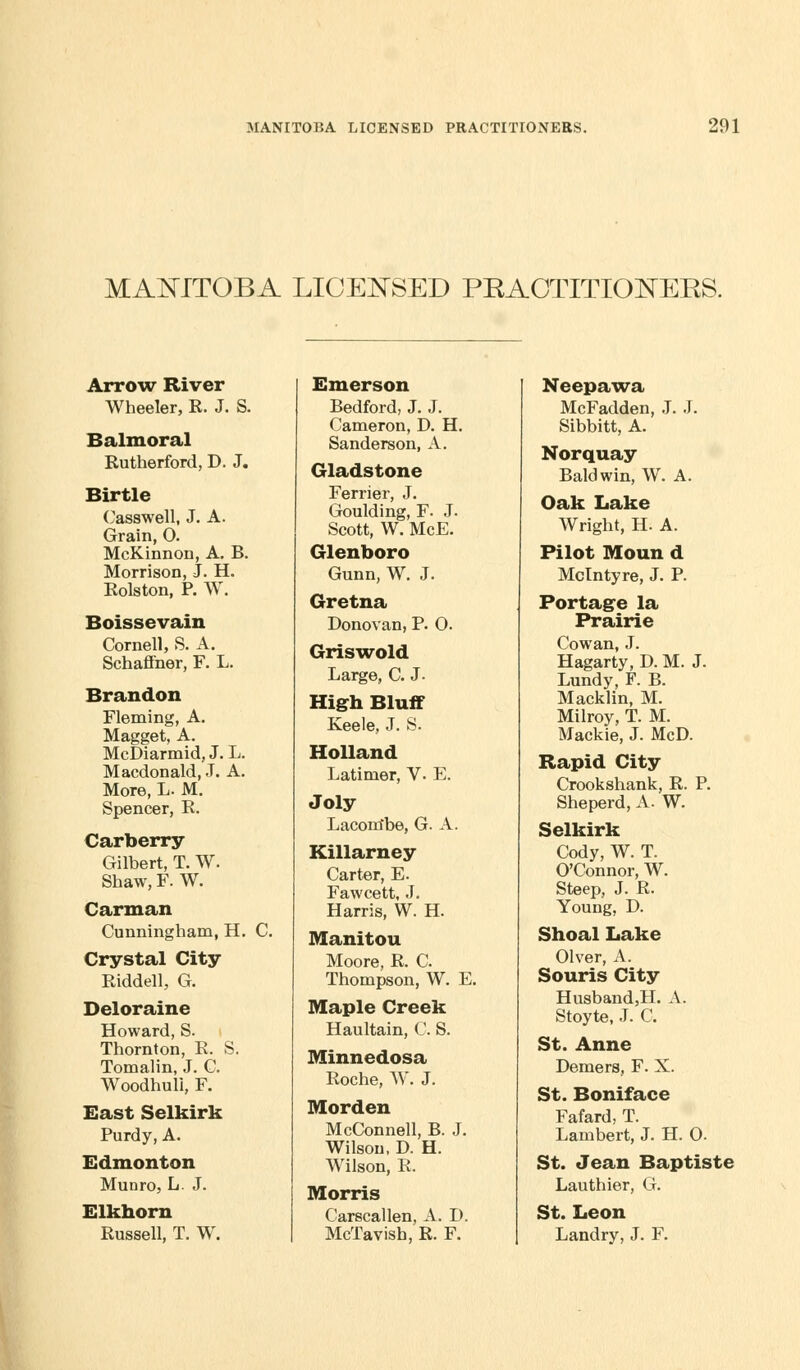 MANITOBA LICENSED PRACTITIONERS. Arrow River Wheeler, R. J. S. Balmoral Rutherford, D. J. Birtle Casswell, J. A. Grain, 0. McKinnon, A. B. Morrison, J. H. Rolston, P. W. Boissevain Cornell, S. A. Schaffner, F. L. Brandon Fleming, A. Magget, A. McDiarmid, J. L. Macdonald, J. A. More, L. M. Spencer, R. Carberry Gilbert, T. W. Shaw, F. W. Carman Cunningham, H. C. Crystal City Riddell, G. Deloraine Howard, S. Thornton, R. S. Tomalin, J. C. Woodhuli, F. East Selkirk Purdy, A. Edmonton Munro, L. J. Elkhorn Russell, T. W. Emerson Bedford, J. J. Cameron, D. H. Sanderson, A. Gladstone Ferrier, J. Goulding, F. J. Scott, W. McE. Glenboro Gunn, W. J. Gretna Donovan, P. 0. Griswold Large, C. J- High Bluff Keele, J. S- Holland Latimer, V. E. Joly Lacorrtbe, G. A. Killarney Carter, E. Fawcett, J. Harris, W. H. Manitou Moore, R. C. Thompson, W. E. Maple Creek Haultain, C. S. Minnedosa Roche, W. J. Morden McConnell, B. J. Wilson, D. H. Wilson, R. Morris Carscallen, A. D. McTavish, R. F. Neepawa McFadden, J. J. Sibbitt, A. Norquay Baldwin, W. A. Oak Lake Wright, H. A. Pilot Moun d Mclntyre, J. P. Portage la Prairie Cowan, J. Hagarty, D. M. J. Lundy, F. B. Macklin, M. Milroy, T. M. Mackie, J. McD. Rapid City Crookshank, R. P. Sheperd, A. W. Selkirk Cody, W. T. O'Connor, W. Steep, J. R. Young, D. Shoal Lake Olver, A. Souris City Husband,H. A. Stoyte, J. C. St. Anne Demers, F. X. St. Boniface Fafard, T. Lambert, J. H. 0- St. Jean Baptiste Lauthier, G. St. Leon Landry, J. F.