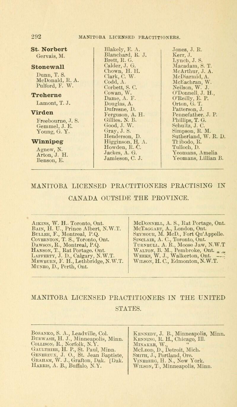 St. Norbert Gervais, M. Stonewall Dunn, T. S. McDonald, R. A. Pulford, F. W. Treherne Lamont, T. J. Virden Freebourne, J. S. Gemmel, J. E. Young, G. Y. Winnipeg Agnew, N. Arton, J. H. Benson, E. Blakely, E. A. Blanchard, R. Brett, R. G. Calder, J. G. Chown, H. H. Clark, C. W. Codd, A. Corbett, S. C. Cowan, W. Dame, A. F. Douglas, A. Dufresne, D. Ferguson, A. Gillies, N. B. Good, J. W. Gray, J. S. Henderson, D. Higginson, H. A. Hovvden, R, €. Jackes, A. G. Jamieson, C. J. 11. Jones, J. R. Kerr, .1. Lynch, J. S. Macadam, S. T. McArthur, J. A. McDiarmid, A. McEachran, W. Neilson, W. J. O'Donnell, J. H., O'Reilly, E. P. Orton, G. T. Patterson, J. Pennefather. J. P. Phillips, T. G. Schultz, J. C. Simpson, R. M. Sutherland, W. R. D. Ttibodo, R. Tulloch, D. Yeomans, Amelia Yeomans, Lillian B. MANITOBA LICENSED PEACT1TIONEES PRACTISING- IN CANADA OUTSIDE THE PROVINCE. Aikins, W. H.. Toronto, Ont. Bain, H. U., Prince Albert, N.W.T. Bullbr, F., Montreal, P.Q. Covbrnton, T. S., Toronto, Ont. Dawson, R., Montreal, P.Q. Hanson, T., Rat Portage. Ont. Lafferty, J. D., Calgary, N.W.T. Mewburn, F. H., Lethbridge, N.W.T. Munro, D., Perth, Ont. McDonnell, A. S., Rat Portage, Ont. McTaggart, A., London, Ont. Seymour, M. McD, Fort Qu'Appelle. Sinclair, A. C, Toronto, Ont Turnbull, A. R., Moose Jaw, N.W.T Walton, B. M., Pembroke, Ont. B m Weeks, W. J., Walkerton, Ont. —.-' Wilson, H. C, Edmonton, N.W.T. MANITOBA LICENSED PRACTITIONERS IN THE UNITED STATES. Bosanko, S. A., Leadville, Col. Burwash, H. J., Minneapolis, Minn. Collison, R., Norfolk, N.Y. Gaulthier, H. P., St. Paul, Minn. Genereux, J. O., St. Jean Baptiste, Graham, W. J., Grafton, Dak. [Dak. Harris, A. B., Buffalo, N.Y. Kennedy, J. B., Minneapolis, Minn. Kenning, R. H, Chicago, 111. Minaker, W.,  McLeod, D., Detroit, Mich. Smith, J., Portland, Ore. Vinbberg, H. N., New York. Wilson, T., Minneapolis, Minn.