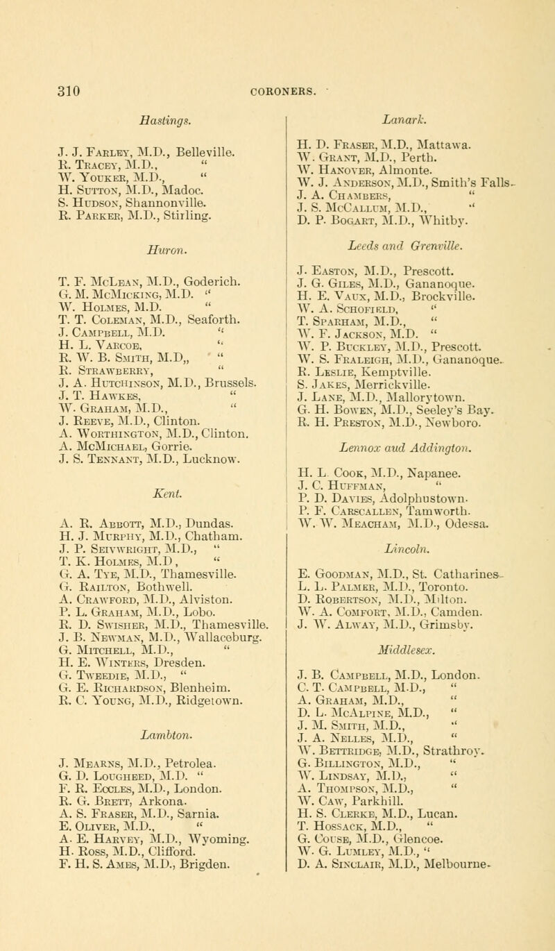 Hastings. J. J. Farley, M.D., Belleville. R. Tracey, M.D.,  W. Youker, M.D., H. Sutton, M.D., Madoc. S. Hudson, Shannonville. R. Parker, M.D., Stirling. Huron. T. F. McLean, M.D., Goderich. G. M. McMickikg, M.D.  W. Holmes, M.D. T. T. Coleman, M.D., Seaforth. J. Campbell, M.D.  H. L. Varcoe, '' R. W. B. Smith, M.D,, R. Strawberry, J. A. Hutchinson, M.D., Brussels. J. T. Hawkes,  W. Graham, M.D., J. Reeve, M.D., Clinton. A. Worthington, M.D., Clinton. A. McMichael, Gorrie. J. S. Tennant, M.D., Lucknow. Kent. A. R. Abbott, M.D., Dundas. H. J. Murphy, M.D., Chatham. J. P. Seivweight, M.D.,  T. K. Holmes, M.D, « G. A. Tye, M.D., Thanresville. G. Railton, Bothwell. A. Crawford, M.D., Alviston. P. L. Graham, M.D., Lobo. R. D. Swisher, M.D., Tharnesville. J. B. Newman, M.D., Wallaceburg. G. Mitchell, M.D., H. E. Winters, Dresden. G. Tweedie, M.D.,  G. E. Richardson, Blenheim. R. C. Young, M.D., Ridgetown. Lambton. J. Mearns, M.D., Petrolea. G. D. Lougheed, M.D.  F. R. Eccles, M.D., London. R. G. Brett, Arkona. A. S. Fraser, M.D., Sarnia. E. Oliver, M.D.,  A. E. Harvey, M.D., Wyoming. H. Ross, M.D., Clifford. * F. H. S. Ames, M.D., Brigden. Lanark. H. D. Fraser, M.D., Mattawa. W; Grant, M.D., Perth. W. Hanover, Almonte. W. J. Anderson, M.D., Smith's Falls. J. A. Chambers,  J. S. McCallum, M.D., D. P. Bogart, M.D., Whitby. Leeds and Grenville. J. Easton, M.D., Prescott. J. G. Giles, M.D., Gananoque. H. E. Vaux, M.D, Brockville. W. A. ScHOFIELD, (< T. Sparham, M.D., W. F. Jackson, M.D.  W. P. Buckley, M.D., Prescott. W. S. Fraleigh, M.D., Gananoque. R. Leslie, Kemptville. S. Jakes, Merrickville. J. Lane, M.D., Mallorytown. G. H. Bowen, M.D., Seeley's Bay. R. H. Preston, M.D., Xewboro. Lennox and Addington. H. L. Cook, M.D., Napanee. J. C. Huffman,  P. D. Dayies, Adolphustown. P. F. Carscallen, Tamworth. W. W. Meacham, M.D., Odessa. Lincoln. E. Goodman, M.D., St. Catharines - L. L. Palmer, M.D., Toronto. D. Robertson, M.D., Milton. W. A. Comfort, M.D., Camden. J. W. Alway, M.D., Grimsby. Middlesex. J. B. Campbell, M.D., London. CT. Campbell, M.D.,  A. Graham, M.D.,  D. L. McAlpine, M.D., J. M. Smith, M.D., J. A. JS'elles, M.D., W. Betteidge, M.D., Strathrov. G. Billingtox, M.D., W. Lindsay, M.D.,  A. Thompson, M.D., W. Caw, Parkhill. H. S. Clerks, M.D., Lucan. T. Hossack, M.D., G. Couse, M.D., Glencoe. W. G. Lumley, M.D.,  D. A. Sinclair, M.D., Melbourne.