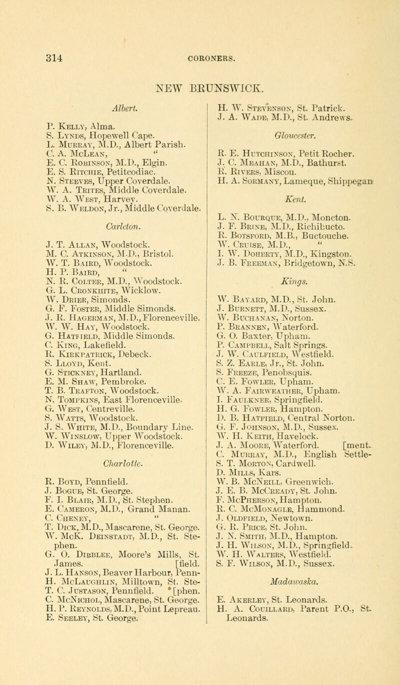 NEW BEUNSAVICK. Albert. P. Kelly, Alma. S. Lynds, Hopewell Cape. L. Murray, M.D., Albert Parish. C. A. McLean,  E. C. Robinson, M.D., Elgin. E. S. Ritchie, Petitcodiac. N. Steeves, Upper Coverdale. W. A. Trites, Middle Coverdale. W. A. West, Harvey. S. B. Weldon, Jr., Middle Coverdale. Carlelon. J. T. Allan, Woodstock. M. C. Atkinson, M.D., Bristol. W. T. Baird, Woodstock. H. P. Baird, N. R. Colter, M.D., Woodstock. G. L. Cronkhite, Wicklow. W. Drier, Simonds. G. F. Foster, Middle Simonds. J. R. Hagerman, M.D.,Florenceville. W. W. Hay, Woodstock. G. Hatfield, Middle Simonds. C. King, Lakefield. R. Kirk Patrick, Debeck. S. Lloyd, Kent. G. Stickney, Hartland. E. M. Shaw, Pembroke. T. B. Trafton, Woodstock. N. Tompkins, East Florenceville- G. West, Centreville. S. Watts, Woodstock. J. S. White, M.D., Boundary Line. W. Winslow, Upper Woodstock. D. Wiley, M.D., Florenceville. Charlotte. R. Boyd, Pennfield. J. Bogue, St. George. F. I. Blair, M.D., St. Stephen. E. Cameron, M.D., Grand Manan. C. Cheney,  T. Dick, M.D.,Mascarene, St. George. W. McK. Deinstadt, M.D., St. Ste- phen. G. 0. Dibblee, Moore's Mills, St. James. [field. J. L. Hanson, Beaver Harbour, Penn- H. McLaughlin, Milltown, St. Ste- T. C. Justason, Pennfield. * [phen. C. McNichol, Mascarene, St. George. H. P. Reynolds, M.D., Point Lepreau. E. Seeley, St. George. H. W. Stevenson, St. Patrick. J. A. Wade, M.D., St. Andrews. Gloucester. R. E. Hutchinson, Petit Rocher. J. C. Meahan, M.D., Bathur.<t. R. Rivers, Miscou. H. A. Sormany, Lameque, Shippegan- Kent. L. X. Bourque, M.D., Moncton. J. F. Brine, M.D., Richibucto. R. Botsford, M.B., Buctouche. W. Cruise, M.D., 1. W. Doherty, M.D., Kingston. J. B. Freeman, Bridgetown, N.S. Kings. W. Bayard, M.D., St. John. J. Burnett, M.D., Sussex. W. Buchanan, Norton. P. Brannbn, Waterford. G. O. Baxter, Upham. P. Campbell, Salt Springs. J. W. Caulfield, Westfield. S. Z. Earle, Jr., St. John. S. Freeze, Penobsquis. C. E. Fowler, Upham. W. A. Fairweather, Upham. I. Faulkner, Springfield. H. G. Fowler, Hampton. D. B. Hatfield, Central Norton. G. F. Johnson, M.D., Sussex. W. H. Keith, Havelock. J. A. Moore, Waterford. [ment. C. Murray, M.D., English Settle- S. T. Morton, Cardwell. D. Mills, Kars. W. B. McNeill, Greenwich. J. E. B. McCready, St. John. F. McPherson, Hampton. R. C. McMonagle, Hammond. J. Oldfield, Newtown. G. R. Price, St. John. J. N. Smith, M.D., Hampton. J. H. Wilson, M.D., Springfield. W. H. Walters, Westfield. S. F. Wilson, M.D., Sussex. Madaicaska. E. Akerlby, St. Leonards. H. A. Couillard, Parent P.O., St. Leonards.