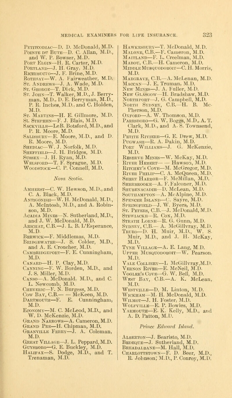 Petitcodiac—D. D. McDonald, M.D. Pointe dp Bute—D. C. Allan, M.D., and W. P. Bowser, M.D. Port Elgin—H. R. Carter, M.D. Portland—J. H. Gray, M.D. Richibucto—J. F. Brine, M.D. Rothsay—W. A. Fairweather, M.D. St. Andrews—J. A. Wade, M.D. St. George—T. Dick, M.D. St. John—T. Walker, M.D., J. Berry- man, M.D., D. E. Berryinan, M.D., P. R. Inches, M.D., and C. Holden, M.D. St. Martins—H. E. Gillmore, M.D. St. Stephen—F. J. Blais, M.D. Sackvillei—LeB. Botsford, M.D., and P. R. Moore, M.D. Salisbury—E. Moore, M.D., and D. R. Moore, M.D. Shediac—W. J. Norfolk, M.D. Sheffield—J. H. Bridges, M.D. Sussex—J. H. Ryan, M.D. Welsford—T. F. Sprague, M.D. Woodstock—C. P. Connell, M.D. Nova Scotia. Amherst—C. W. Hewson, M.D., and C. A. Black, M.D. Antigonish—W. H. McDonald, M.D., A. Mcintosh, M.D., and A. Robin- son, M.D. Acadia Mines—N. Sutherland, M.D., and J. W. McDonald, M.D. Arichat, C.B.—J. L. B. L'Esperance, M.D. Berwick—F. Middlemas, M.D. Bridgewater—J. S. Colder, M.D., and A. E. Croucher, M.D. Cambridgeport—F. E. Cunningham, M.D. Canard—H. P. Clay, M.D. Canning—F. W. Borden, M.D., and J. S. Miller, M.D. Canso—A. McDonald, M.D., and C. L. New comb, M.D. Cheveric—F. N. Burgess, M.D. Cow Bay, C.B. McKeen, M.D. Dartmouth—F. E. Cunningham, M.D. Economy—M. C. McLeod, M.D., and W. D. McKenzie, M.D. Grand Narrows—A. Cameron, M.D. Grand Pre—H. Chipman, M.D. Granville Ferry—J. A. Coleman, M.D. Great Village—J. L. Peppard, M.D. Guysboro—G. E. Buckley, M.D. Halifax—S. Dodge, M.D., and T. Trenaman, M.D. Hawkesbury—T. McDonald, M.D. Malone, C.B.—F. Cameron, M.D. Maitland—F. L. Creelman, M.D. Mabou, C.B.—H. Cameron, M.D. Middle Musquodoboit—C. H. Morris, M.D. Margrave, C-B-A. McLenan, M.D. Maccan—J. E. Truman, M.D. New Mines—J. A. Fuller, M-D. New Glasgow—H. Bradshaw, M.D. Northport—J. G. Campbell, M.D. North Sydney, C.B.—H. B. Mc- Pherson, M.D. Oxford—A. W. Thomson, M.D. Parrsboro—G. W. Boggs, M.D., A. T. Clark, M.D., and A. S. Townsend, M.D. Petite Riviere—G. E. Drew, M.D. Pugwash—R. A. Dakin, M.D. Port Williams—J. G. McKenzie, M.D. Reserve Mines—W. McKay, M.D. River Hebert Hawson, M.D. Ritchey's Cove—M. McGregor, M.D. River Philip—C. A. McQueen, M.D. Sheet Harbor—F. McMillan, M.D. Sherbrooke—A. F. Falconer, M.D. Shubenacadie—D. McLean, M.D. Southampton—A. McAlpine, M.D. Spencer Island—C. Sayre, M.D. Springfield—J. W. Byers, M.D. St. Peters, C.B.—J. McDonald, M.D. Stewiacke—R. Cox, M.D. Strath Lorne—R. G. Gunn, M.D. Sydney, C.B.— A. McGillvray, M.D. Truro—D. H. Muir, M.D., W. S. Muir, M.D., and J. H. McKay, M.D. Tyne Village—A. E. Lang, M.D. Upper Musquodoboit—W. Pearson, M.D. Vale Colliery—L McGillvray,M.D. Vernon River—E. McNeil, M.D. Vogler's Cove—G. W. Bell, M.D. West Bay, C.B.—A. K. McLean, M.D. Westville—D. M. Linton, M.D. Wickham—M. H. McDonald, M.D. Wilmot—J. H. Foster, M.D. Wolfville—E. P. Bowles, M.D. Yarmouth—E. K. Kelly, M.D., and A. D. Patton, M.D. Prince Edtvard Island. Alberton—J. Bearisto, M.D. Bbdeque—J. Sutherland, M.D. Breadalbane—M. Hall, M.D. Charlottetown—F. D. Beer, M.D., R. Johnson; M.D., P. Conroy, M.D.