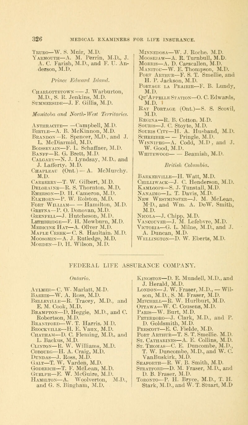 Truro—W. S. Muir, M.D. Yarmouth—A. M. Perrin, M.D., J. A. C. Farish, M.D., and F. U. An- derson, M.D. Prince Edward Island. Charlottetown J. Warburton, M.D., S. R. Jenkins, M.D. Summerside—J. F. Gillis, M.J>. Manitoba and North-West Territories. Anthracite Campbell, M.D. Birtle—A. B. McKinnon, M.D. Brandon—R. Spencer, M.D., and J. L. McDiarmid, M.D. Boissevain—F. L. Schaffner, M.D. Banff—R. G. Brett, M.D. Calgary—N. J. Lyndsav, M.D., and J. Lafferty, M.D. Chapleau (Ont.)— A. McMurchy. M.D. Carberry—T. W. Gilbert, M.D. Delorainb—R. S. Thornton, M.D. Emerson—D. H. Cameron, M.D. Elkhorn—P. W. Rolston, M.D. Fort William Hamilton, M.D. Gretna—P. O. Donovan, M.D. Grenfell—J. Hutcheson, M.D. Lethbridge—F. H. Mewbnrn, M.D. Medicine Hat—A. Oliver M.D. Maple Creek—C. S. Haultain, M.D. Moosomin—A. J. Rutledge, M.D. Moeden—D. H. Wilson, M.D. Minnedosa—W. J. Roche, M.D. Moosejaw—A. R. Turnbull, M.D. Morris—A. D. Carscallen, M.D. Manitoo—W. E. Thompson, M.D. Port Arthur—F. S. T. Smellie, and H. P. Jackson, M.D. Portage la Prairie—F. B. Lundv, M.D. Qu'Appelle Station—O. C. Edwards, M.D. I Rat Portage (Ont.)—S. S. Scovil, M.D. Regina—R. B. Cotton, M.D. Souris—J. C. Stoyte, M.D. Souris City—H. A. Husband, M.D. Schreiber Pringle, M.D. Winnipeg—A. Codd, M.D . and J. W. Good, M.D. Whitewood Beamish, M.D. British Columbia. Barkerville—H. Watt, M.D. Chilliwack—J- C. Henderson. M.D. Kamloops—S. J. Tnnstall, M.D. Nanaimo—L. T. Davis, M.D. New Westminster—J. M. McLean, M-D., and Wm. A. DeW. Smith, M.D. Nicola—J. Chipp, M.D. Vancouver—J. M. Lefebvre, M.D. Victoria—G. L. Milne, M.D., and J. A. Duncan, M.D. Wellington—D. W. Eberts, M.D. FEDERAL LIFE ASSURANCE COMPANY. Ontario. Aylhek- C. W. Marlatt, M.D. Barrie—W. A. Ross, M.D. Belleville—R. Tracey, M.D., and E. M. Cook, M.D. Brampton—D. Heggie, M.D., and C. Robertson, M.D. Brantford—VV. T. Harris, M.D. Brockville—H. E. Vaux, M.D. Chatham—D. C. Fleming, M.D., and L- Backus, M.D. Clinton—R. W. Williams, M.D. Cobourg—H. A. Craig, M.D. Dundas—J. Ross, M.D. Galt—T. W. Varden, M.D. Goderich—T. F. McLean, M.D. Guelph—E. W. McGuire, M.D. Hamilton—A. Woolverton, M.D., and G. S. Bingham, M.D. Kingston—D. E. Mundell, M.D..and J. Herald, M.D. London—J. W. Fraser, M.D., — Wil- son, M.D., S. M. Fraser, M.D. Mitchell—R. W. Hurlburt, M.D. Ottawa—W. C. Cousens, M.D. Paris—W. Burt, M.D. Peterboro—J. Clark, M.D., and P. D. Goldsmith, M.D. Prescott—E. C. Fielde, M.D. Port Arthur—T. S. T. Smellie. M.D. St. Catharines—A. E. Collins, M.D. St. Thomas—C. E. Duncombe, M.D., T. W. Duncombe, M.D., and W. C. VanBuskirk, M.D. Seaforth— R. W. B. Smith, M.D. Stratford—D. M. Fraser, M.D., and D. B. Fraser, M.D. Toronto—P. H. Bryce, M.D., T. H. Stark, M.D., and W. T. Stuart. M.D