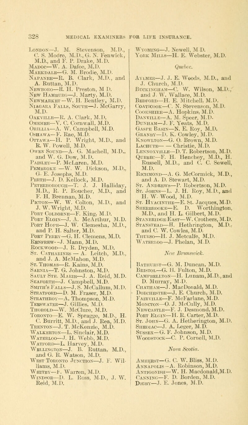 London—J. M. Stevenson, M.D., C. S. MoOre, M.D.,G. N. Fen wick, M.D., and F. P. Drake, M.D. Madoc—W. A. Dafoe, M.D. Maekdalb— G. M. Brodie, M.D. Napanee—R. B. Clark, M.D., and A. Ruttan, M.D. Newboro—R. H. Preston, M I >. New Hamburg—J. Marty, M.D. Newmarket—W. H. Bentley, M.D. Niagara Falls, South—J. McGarrv, M.D. Oakvillb—R. A. Clark, M.D. Ombmee—V. C. Cornwall, M.D. Oeillia—A. W. Campbell, M.D. Oshawa— F. Rae, M.D. Ottawa—H. P. Wright, M.D., and R. W. Powell, M.D. Owen Sound—A. G. Machell, M.D., and W. G. Dow, M.D. Paisley—P. McLaren, M.D. Pembroke —W. W Dickson, M.D., G. E. Josephs, M.D. Perth—J. D. Kellock, M.D. Peterborough—T. J. J. Hallidav, M.D., R. P. Boucher, M.D., and F. H. Brennan, M.D. Picton—W. W. Colton, M.D., and J. W.Wright, M.D Port Colborne—F. King, M.D. Port Elgin—J. A. McArthur, M.D. Port Hope—J. W. Clemesha, M.D., and P. H. Salter, M.D. Port Perry—G. H. Clemens, M.D. Renfrew--J. Mann, M.D. Rockwood—J. R. Dryden, M.D. St. Catharines — A. Leitch, M.D., and J. A. McMahon, M.D. St. Thomas—R. Kains, M.D. Sarnia—T. G. Johnston, M.D. Sault Ste. Marie—J. A. Reid, M.D. Seafobth—J. Campbell, M.D. Smith's Falls—J. S. McCallum, M.D. Stbatpokd—D. M. Fraser, M.D. Strathroy—A. Thompson, M.D. Tebswateb—J. Gillies, M.D. Thorold—W. McClure, M.D. Toronto—E. W. Spragge, M.D., H. C. Burritt, M.D., and J. Rea, M.D. Trenton—J. T. McKenzie, M.D. Walkerton—L. Sinclair, M.D. Waterloo—J. H. Webb, M.D. Watford—L. Harvey, M.D. Wellington—J. B. Ruttan, M.D., and G. R. Watson, M.D. West Tobonto Junction—J. F. Wil- liams, M.D. Whitby—F. Warren, M.D. Windsor—D. L. Ross, M.D., J. W. Reid, M.D. Wyoming—J. Newell, M D. York Mills—H. E. Webster, M.D. Quebec. Aylmer—J. J. E. Woods. M.D., and J. Church, M.D. Buckingham—C. W. Wilson, M.D., and J. W. Wallace, M.D. Bedford—H. E. Mitchell, M.D. Coaticook—C. N. Stevenson, M.D. Cookshiee—A. Hopkins, M.D. Danville—A. M. Speer, M.D. Dunham—J. F. Yeats, M.D. Gaspe Basin—N. E. Roy, M.D. Geanby—D. K. Cowley, M.D. Knowlton—G. 0. Brown, M.D. Lachute Christie, M.D. Lennoxville—D. T. Robertson, M.D. Quebec—F. H. Henchey, M.D., H. Russell, M.D., and C. C. Sewell, M.D. Richmond—A. G. McCormick, M.D., and A. D. Stewart, M.D. St. Andrews—P. Robertson, M.D. St. Johns—L. J. H. Roy, M.D., and H. W. Wood, M.D. St. Hyacinthe—E. St. Jacques, M-D. Sheebrooke—E. D. Worthington, M.D., and H. L. Gilbert, M.D. StanbridgeEast—W. Crothers, M.D. Stanstead—H. Hethrington, M.D., and C. W. Cowles, M.D. Thurso—H. J. Metcalfe, M.D. Waterloo—J. Phelan, M.D. N< w Brunswick. Batiiuest—G. M. Duncan, M.D. Beistol—G. H. Fulton, M.D. Campbellton—H. Lunam,M.D.,and D. Murray, M.D. Chatham—J. MacDonald, M.D. Dorchester—J. E. Church, M.D. Fairville—F. McFarlane, M.D. Moncton—O. J. McCully, M.D. Newcastle—F. J. Desmond, M.D. Poet Elgin—H. R. Carter, M.D. St. John—G. A. Hetherington, M.D. Shbdiac—J. A. Leger, M.D. Sussex—G. F. Johnson, M.D. Woodstock—C. P. Cornell, M.D. Nora Scotia. Amherst—G. C. W. Bliss, M.D. Annapolis—A. Robinson,M.D. Antigonish—W. H. Macdonald,M.D. Canning—F. D. Borden, M.D. Digby—J. E. Jones, M.D.