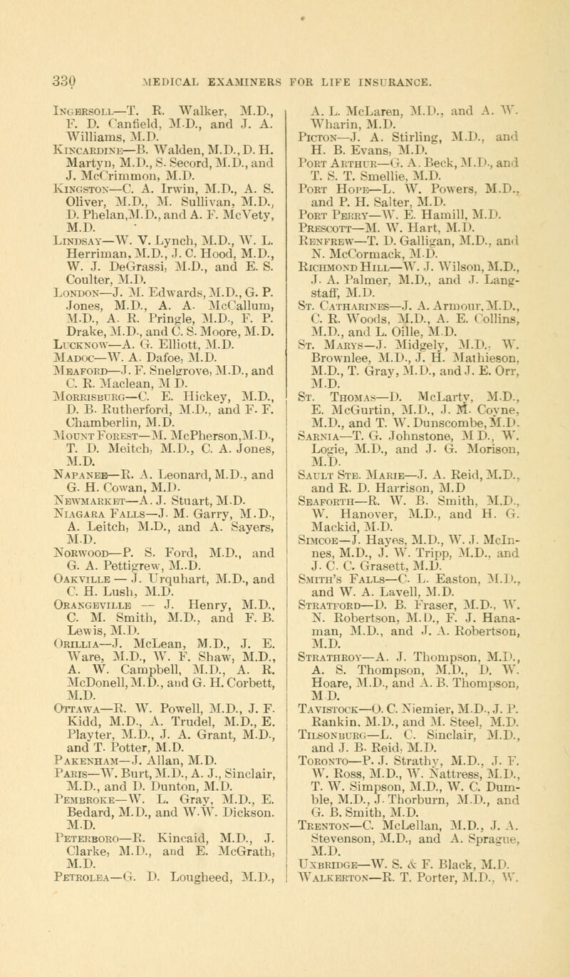 Ingersoll—T. R. Walker. M.D., F. D. Canfield, M.D., and J. A. Williams, M.D. Kincardine—B. Walden, M.D.,D. H. Martyn, M.D., S. Secord, M.D., and J. McCrirnmon, M.D. Kingston—C. A. Irwin, M.D., A. S. Oliver, M.D., M. Sullivan, M.D., D. Phelan.M.D., and A. F. McVetv, M.D. Lindsay—W. V. Lynch, M.D., W. L. Herriman, M.D., J. C. Hood, M.D., W. J. DeGrassi, M.D., and E. S. Coulter, M.D. London—J. M. Edwards, M.D., G. P. Jones, M.D., A. A. McCallurn, M.D., A. R. Pringle, M.D., F. P. Drake, M.D-, and C. S. Moore, M.D. Lucknow—A. G. Elliott, M.D. Madoc—W. A. Dafoe, M.D. Mbaford—J. F. Snelerove, M.D., and C. K. Maclean, M D. Morrisburg—C. E. Hickey, M.D., D. B. Rutherford, M.D., and F. F. Chamberiin, M.D. Mount Forest—M. McPherson,MI)., T. D. Meitch, M.D., C. A. Jones, M.D. Napaneb—R. A. Leonard, M.D., and G. H. Cowan, M.D. Newmarket—A. J. Stuart, M.D. Niagara Falls—J. M. Garry, M.D., A. Leitch, M.D., and A. Sayers, M.D. Norwood—P. S. Ford, M.D., and G. A. Pettigrew, M..D. Oakville — J. TJrquhart, M.D., and C. H. Lush, M.D. Orangevillb — J. Henry, M.D., C. M. Smith, M.D, and F. B. Lewis, M.D. Orillia—J. McLean, M.D., J. E. Ware, M.D., W. F. Shaw, M.D., A. W. Campbell, M.D., A. R. McDonell,M.D., and G. H. Corbett, M.D. Ottawa—R. W. Powell, M.D., J. F. Kidd, M.D., A. Trudel, M.D., E. Playter, M.D., J. A. Grant, M.D., and T. Potter, M.D. Pakenham—J. Allan, M.D. Paris—W. Burt, M.D., A. J., Sinclair, M.D., and D. Dunton, M.D. Pembroke—W. L. Gray, M.D., E. Bedard, M.D., and WW. Dickson. M.D. Peterboro—R. Kincaid, M.D., J. Clarke, M.D., and E. McGrath, M.D. Petrolea—G. D. Lougheed, M.D., A. L. McLaren, M.D., and A. W. Wharin, M.D. Picton—J. A. Stirling, M.D., and H. B. Evans, M.D. Port Arthur—G. A. Beck, M J)., and T. S. T. Smellie, M.D. Port Hope—L. W. Powers, M.D., and P. H. Salter, M.D. Port Perry—W. E. Hamill, M.D. Prescott—M. W. Hart, M.D. Renfrew—T. D. Galligan, M.D., and N. McCormack, M.D. Richmond Hill—W. J. Wilson, M.D., J. A. Palmer, M.D., and J. Lang- staff, M.D. St. Catharines—J. A. Armour, M.D., C. R. Woods, M.D., A. E. Collins, M.D., and L. Oille, M.D. St. Marys-J. Midgely, M.D.. W. Brownlee, M.D., J. H. Mathieson, M.D., T. Gray, M.D., and J. E. Orr, M.D. St. Thomas—D. McLartv, M.D., E. McGurtin, M.D., J. M. Covne, M.D., and T. W.Dunscombe,M.D. Sarnia—T. G. Johnstone, MD., W. Logie, M.D., and J. G. Morison, M.D. Sault Ste. Marie—J. A. Reid, M.D.. and R. D. Harrison, M.D Sbaforth—R. W. B. Smith, M.D., W. Hanover, M.D., and H. G. Mackid, M.D. Simcoe—J. Hayes, M.D., W. J. Mcln- nes, M.D., J. W. Tripp, M.D.. and J. C C. Grasett, M.D. Smith's Falls—C- L. Easton, M.D., and W. A. Lavell, M.D. Stratford—D. B. Eraser, M.D-. W. N. Robertson, M.D., F. J. Hana- man, M.D., and J. A. Robertson, M.D. Strathroy—A. J. Thompson, M.I'., A. S. Thompson, M.D., D. W. Hoare, M.D., and A. B. Thompson, MD. Tavistock—O. C. Niemier, M.D., J. P. Rankin. M.D, and M. Steel, M.D. Tilsonburg—L. C. Sinclair, M.D., and J. B. Reid, M.D. Toronto—P. J. Strathv, M.D., J. F. W. Ross, M.D, W. Nattress, M.D., T. W. Simpson, M.D., W. C. Dura- ble, M.D., J. Thorburn, M.D., and G. B. Smith, M.D. Trenton—C. McLellan, M.D, J. A. Stevenson, M.D., and A. Spraaue, M.D. Uxbridge—W. S. & F. Black, M.D. Walkbrton—R. T. Porter, M.D.. W.