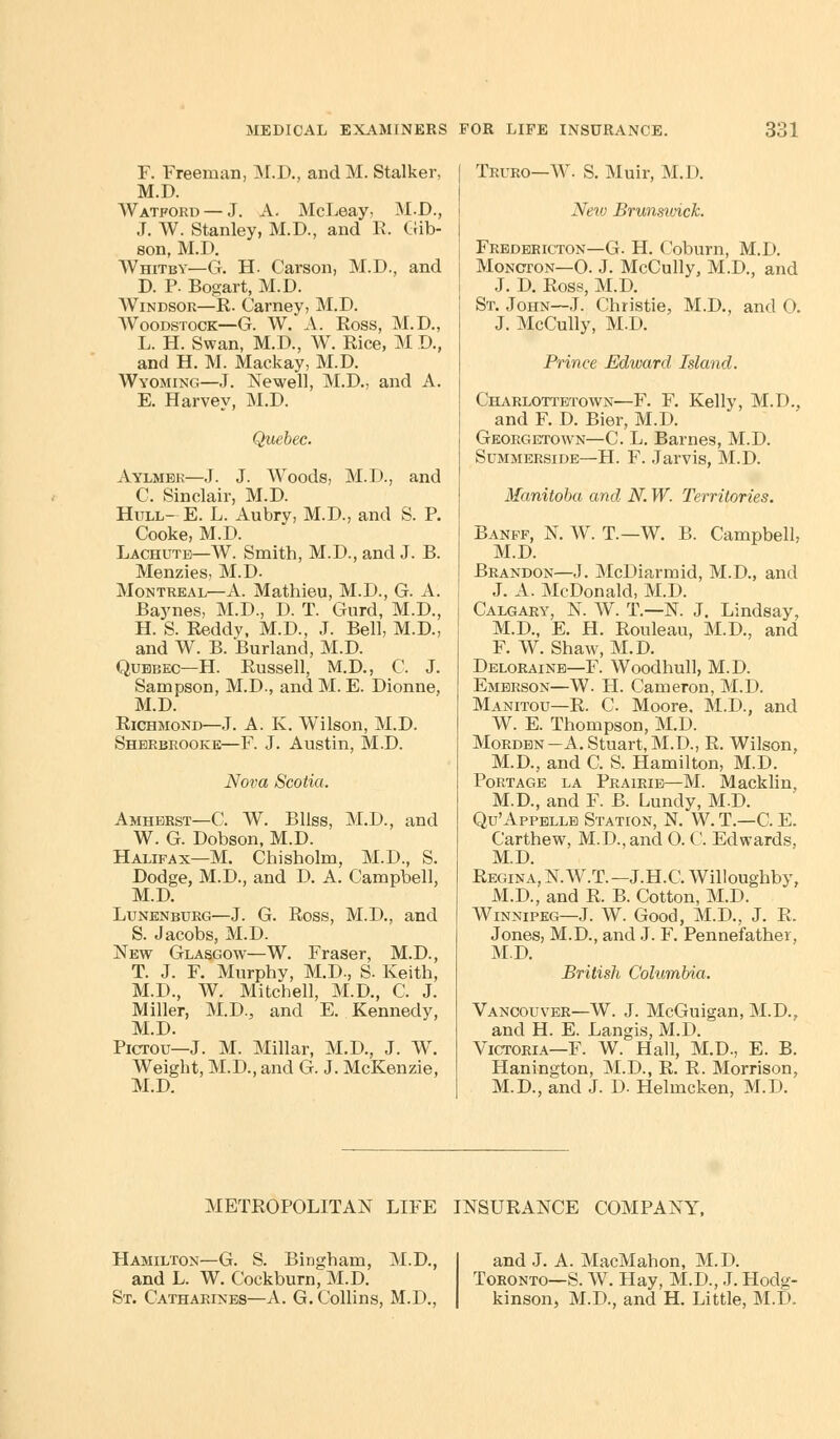 F. Freeman, M.D., and M. Stalker, M.D. Watford — J. A. McLeay, M.D., J. W. Stanley, M.D., and E. Crib- son, M.D. Whitby—G. H- Carson, M.D., and D. P. Bogart, M.D. Windsor—R. Carney, M.D. Woodstock—G. W. A. Eoss, M.D., L. H. Swan, M.D., W. Eice, M D., and H. M. Mackay, M.D. Wyoming—J. Newell, M.D., and A. E. Harvey, M.D. Quebec. Aylmer—J. J. Woods, M.D., and C. Sinclair, M.D. Hull- E. L. Aubry, M.D., and S. P. Cooke, M.D. Lachutb—W. Smith, M.D., and J. B. Menzies, M.D. Montreal—A. Mathieu, M.D., G. A. Baynes, M.D., D. T. Gurd, M.D., H. S. Eeddv, M.D., J. Bell, M.D., and W. B. Burland, M.D. Quebec—H. Eussell, M.D., C. J. Sampson, M.D., and M. E. Dionne, M.D. Eichmond—J. A. K. Wilson, M.D. Sherbrooke—F. J. Austin, M.D. Nova Scotia. and Amherst—C. W. Bliss, M.D., W. G. Dobson, M.D. Halifax—M. Chisholm, M.D., S. Dodge, M.D., and D. A. Campbell, M.D. Lunenburg—J. G. Ross, M.D., and S. Jacobs, M.D. New Glasgow—W. Fraser, M.D., T. J. F. Murphy, M.D., S. Keith, M.D., W. Mitchell, M.D., C. J. Miller, M.D., and E. Kennedy, M.D. Pictou—J. M. Millar, M.D., J. W. Weight, M.D., and G. J. McKenzie, M.D. Truro—W. S. Muir, M.D. New Brunswick. Fredericton—G. H. Coburn, M.D. MoNcroN—O. J. McCully, M.D, and J. D. Eoss, M.D. St. John—J. Christie, M.D., and 0. J. McCully, M.D. Prince Edward Island. Charlottetown—F. F. Kelly, M.D., and F. D. Bier, M.D. Georgetown—C. L. Barnes, M.D. Summerside—H. F. Jarvis, M.D. Manitoba and N. W. Territories. Banff, N. W. T.—W. B. Campbell, M.D. Brandon—J. McDiarmid, M.D., and J. A. McDonald, M.D. Calgary, N. W. T.—N. J. Lindsay, M.D., E. H. Rouleau, M.D, and F. W. Shaw, M.D. Deloraine—F. Woodhull, M.D. Emerson—W. H. Cameron, M.D. Manitou—E. C Moore. M.D., and W. E. Thompson, M.D. Morden-A. Stuart,M.D., E. Wilson, M.D, and C. S. Hamilton, M.D. Portage la Prairie—M. Macklin, M.D, and F. B. Luncly, M.D. Qu'Appellb Station, N. W. T.—C. E. Carthew, M.D.,and O. C. Edwards, M.D. Eegina, N.W.T.—J.H.C. Willoughby, M.D., and E. B. Cotton, M.D. Winnipeg—J. W. Good, M.D., J. E. Jones, M.D., and J. F. Pennefather, M.D. British Columbia. Vancouver—W. J. McGuigan, M.D., and H. E. Langis, M.D. Victoria—F. W. Hall, M.D., E. B. Hanington, M.D., E. E. Morrison, M.D., and J. D. Helmcken, M.D. METEOPOLITAN LIFE INSUEANCE COMPANY, Hamilton—G. S. Bingham, M.D., and L. W. Cockburn, M.D. St. Catharines—A. G.Collins, M.D., and J. A. MacMahon, M.D. Toronto—S. W. Hay, M.D., J. Hodg- kinson, M.D., and H. Little, M.D.