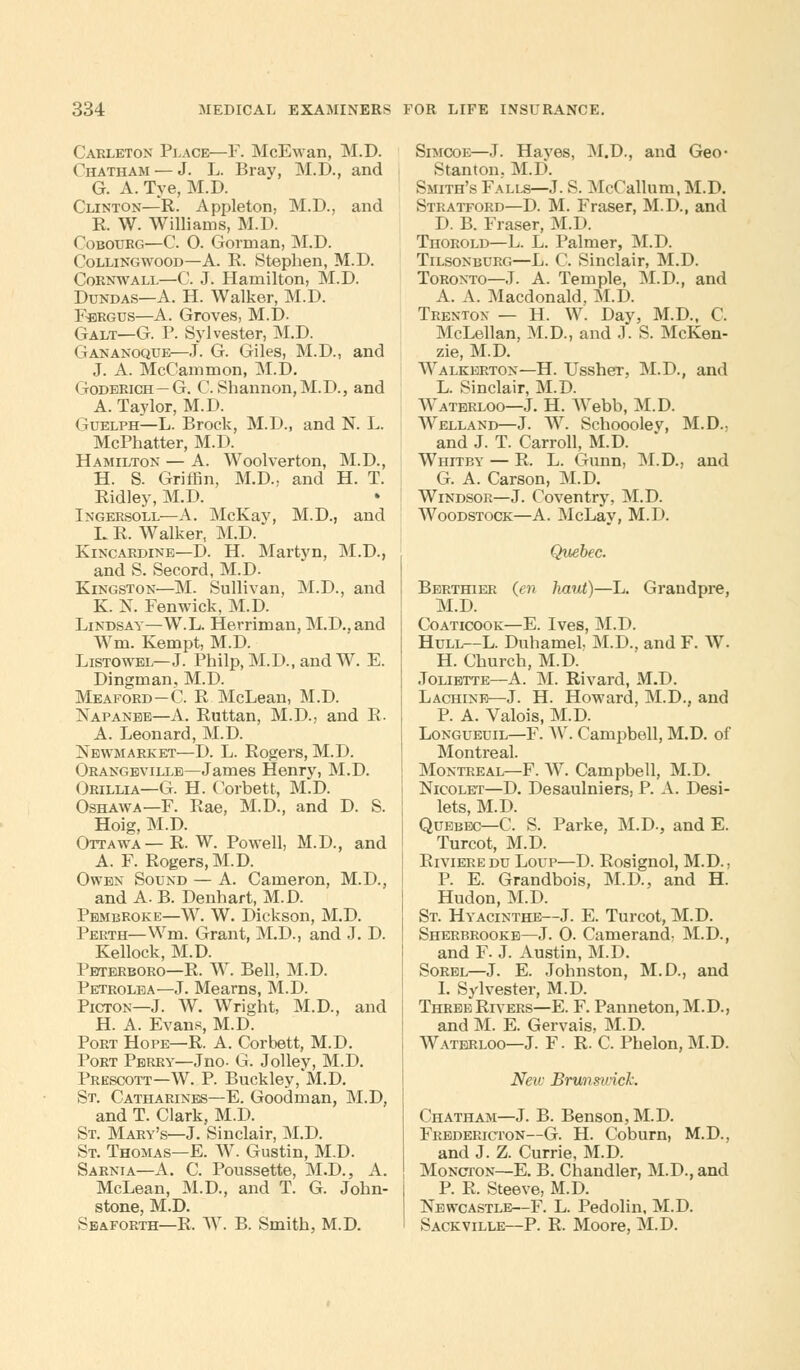Carleton Place—F. McEwan, M.D. Chatham — J. L. Bray, M.D., and G. A. Tye, M.D. Clinton—R. Appleton, M.D., and R. W. Williams, M.D. Coboueg—C. O. Gorman, M.D. Collingwood—A. R. Stephen, M.D. Cornwall—C. J. Hamilton, M.D. Dundas—A. H. Walker, M.D. Fergus—A. Groves, M.D. Galt—G. P. Sylvester, M.D. Gananoque—J. G. Giles, M.D., and J. A. McCammon, M.D. (toderich—G. C.Shannon,M.D., and A. Taylor, M.D. Guelph—L. Brock, M.D., and N. L. McPhatter, M.D. Hamilton — A. Woolverton, M.D., H. S. Griffin, M.D., and H. T. Ridley, M.D. Ingersoll—A. McKay, M.D., and L R. Walker, M.D. Kincardine—D. H. Martyn, M.D., and S. Secord, M.D. Kingston—M. Sullivan, M.D., and K. N. Fenwick, M.D. Lindsay—W.L. Herriman, M.D.,and Wm. Kempt, M.D. Listowel—J. Philp,M.D.,andW. E. Dingman, M.D. Meaford-C. R McLean, M.D. Napanee—A. Ruttan, M.D., and E. A. Leonard, M.D. Newmarket—D. L. Rogers, M.D. Orangevillb—James Henry, M.D. Orillia—G. H. Corbett, M.D. Oshawa—F. Rae, M.D., and D. S. Hoig, M.D. Ottawa—R. W. Powell, M.D., and A. F. Rogers, M.D. Owen Sound — A. Cameron, M.D., and A. B. Denhart, M.D. Pembroke—W. W. Dickson, M.D. Perth—Wm. Grant, M.D., and J. D. Kellock, M.D. Peterboro—R. W. Bell, M.D. Petrolea—J. Mearns, M.D. Picton—J. W. Wright, M.D., and H. A. Evans, M.D. Port Hope—R. A. Corbett, M.D. Port Perry—Jno- G. Jolley, M.D. Prescott—W. P. Buckley,*M.D. St. Catharines—E. Goodman, M.D, and T. Clark, M.D. St. Mary's—J. Sinclair, M.D. St. Thomas—E. W. Gustin, M.D. Sarnia—A. C. Poussette, M.D., A. McLean, M.D., and T. G. John- stone, M.D. Seaforth—R. W. B. Smith, M.D. Simcoe—J. Hayes, M.D., and Geo- Stanton. M.D. Smith's Falls—J. S. Mc( allum, M.D. Stratford—D. M. Fraser, M.D., and D. B. Fraser, M.D. Thorold—L. L. Palmer, M.D. Tilsonburg—L. C. Sinclair, M.D. Toronto—J. A. Temple, M.D., and A. A. Macdonald, M.D. Trenton — H. W. Day, M.D., C. McLellan, M.D., and J. S. McKen- zie, M.D. Walkerton—H. Ussher, M.D., and L. Sinclair, M.D. Waterloo—J. H. Webb, M.D. Welland—J. W. Schooolev, M.D., and J. T. Carroll, M.D. Whitby — R. L. Gunn, M.D., and G. A. Carson, M.D. Windsor—J. Coventry, M.D. Woodstock—A. McLay, M.D. Quebec. Berthier (en haut)—L. Grandpre, M.D. Coaticook—E. Ives, M.D. Hull—L. DuhameL M.D., and F. W. H. Church, M.D. Joliette—A. M. Rivard, M.D. Lachine—J. H. Howard, M.D., and P. A. Valois, M.D. Longueuil—F. W. Campbell, M.D. of Montreal. Montreal—F. W. Campbell, M.D. Nicolet—D. Desaulniers, P. A. Desi- lets, M.D. Quebec—C. S. Parke, M.D., and E. Turcot, M.D. Riviere du Loup—D. Rosignol, M.D., P. E. Grandbois, M.D., and H. Hudon, M.D. St. Hyacinthe—J. E. Turcot, M.D. Sherbrooke—J. 0. Camerand, M.D., and F. J. Austin, M.D. Sorel—J. E. Johnston, M.D., and I. Sylvester, M.D. Three Rivers—E. F. Panneton,M.D., and M. E. Gervais, M.D. Waterloo—J. F. R. C. Phelon, M.D. New Bruihvick. Chatham—J. B. Benson, M.D. Fredericton—G. H. Coburn, M.D., and J. Z. Currie, M.D. Moncton—E. B. Chandler, M.D., and P. R. Steeve, M.D. Newcastle—F. L. Pedolin, M.D. Sackville—P. R. Moore, M.D.