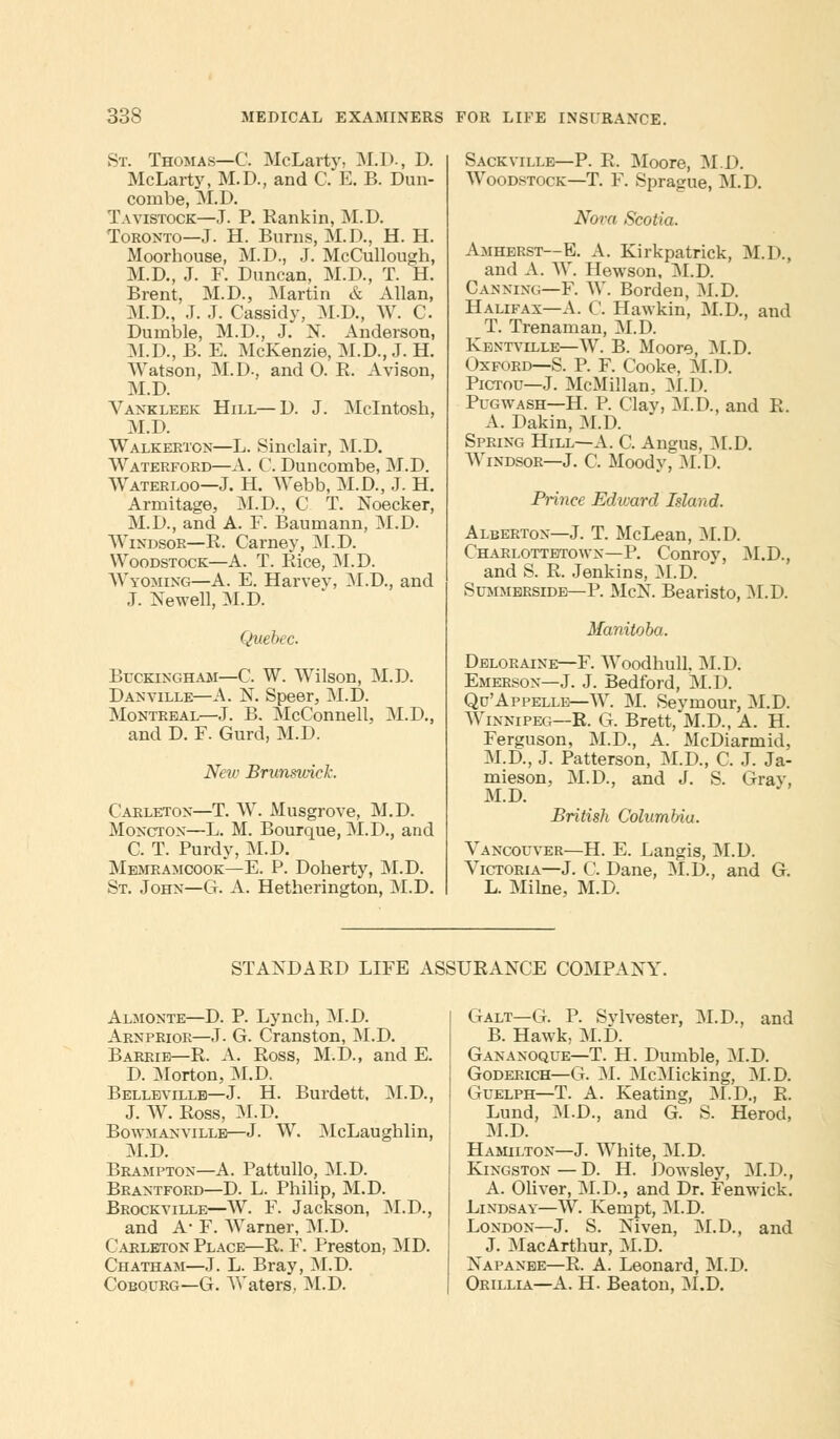 St. Thomas—C. McLarty, M.D., D. McLarty, M.D., and C. E. B. Dun- combe, M.D. Tavistock—J. P. Rankin, M.D. Toronto—J. H. Burns, M.D., H. H. Moorhouse, M.D., J. McCullough, M.D., J. F. Duncan, M.D., T. H. Brent, M.D., Martin & Allan, M.D., J. J. Cassidy, M.D., W. C. Durnble, M.D., J. N. Anderson, M.D., B. E. McKenzie, M.D., J. H. Watson, M.D., and 0. R. Avison, M.D. Yankleek Hill—D. J. Mcintosh, M.D. Walkerton—L. Sinclair, M.D. Waterford—A. C. Duncombe, M.D. Waterloo—J. H. Webb, M.D., J. H. Armitage, M.D., C T. Noecker, M.D., and A. F. Baumann, M.D. Windsor—R. Carney, M.D. Woodstock—A. T. Rice, M.D. Wyoming—A. E. Harvev, M.D., and J. Newell, M.D. Quebec. Buckingham—C. W. Wilson, M.D. Danville—A. N. Speer, M.D. Montreal—J. B. McConnell, M.D., and D. F. Gurd, M.D. Neiu Brunswick. Carleton—T. W. Musgrove, M.D. Moncton—L. M. Bourque, M.D., and C. T. Purdy, M.D. Memramcook—E. P. Doherty, M.D. St. John—G. A. Hetherington, M.D. Sackville—P. R. Moore, M.D. Woodstock—T. F. Sprague, M.D. Nora Scotia. Amherst—E. A. Kirkpatrick, M.D., and A. W. Hewson, M.D. Canning—F. W. Borden, M.D. Halifax—A. C. Hawkin, M.D., and T. Trenaman, M.D. Kentville—W. B. Moore, M.D. Oxford—S. P. F. Cooke, M.D. Pictou—J. McMillan, M.D. Pugwash—H. P. Clay, M.D., and R. A. Dakin, M.D. Spring Hill—A. C. Angus, M.D. Windsor—J. C. Moody, M.D. Prince Edward Island. Alberton—J. T. McLean, M.D. Charlottetown—P. Conroy, M.D., and S. R. Jenkins, M.D. Summerside—P. McN. Bearisto, M.l>. Manitoba. Deloraine—F. Woodhull. M.D. Emerson—J. J. Bedford, M. I >. Qu'Appelle—W. M. Seymour, M.D. Winnipeg—R. G. Brett, M.D., A. H. Ferguson, M.D., A. McDiarmid, M.D., J. Patterson, M.D., C. J. Ja- mieson, M.D., and J. S. Gray, M.D. British Columbia. Vancouver—H. E. Langis, M.D. Victoria—J. C. Dane, M.D., and G. L. Milne, M.D. STANDARD LIFE ASSURANCE COMPANY. Almonte—D. P. Lynch, M.D. Arnprior—J- G. Cranston, M.D. Barrie—R. A. Ross, M.D., and E. D. Morton, M.D. Belleville—J. H. Burdett. M.D., J. W. Ross, M.D. Bowmanville—J. W. McLaughlin, M.D. Brampton—A. Pattullo, M.D. Brantford—D. L. Philip, M.D. Brockville—W. F. Jackson, M.D., and A- F. Warner, M.D. Carleton Place—R. F. Preston, MD. Chatham—J. L. Bray, M.D. Cobourg—G. Waters, M.D. Galt—G. P. Svlvester, M.D., and B. Hawk, M.D. Gananoque—T. H. Durnble, M.D. Goderich—G. M. McMicking, M.D. Guelph—T. A. Keating, M.D., R. Lund, M.D., and G. S. Herod, M.D. Hamilton—J. White, M.D. Kingston—D. H. Dowsley, M.D., A. Oliver, M.D., and Dr. Fenwick. Lindsay—W. Kempt, M.D. London—J. S. Niven, M.D., and J. MacArthur, M.D. Napanbe—R. A. Leonard, M.D. Orillia—A. H. Beaton, M.D.
