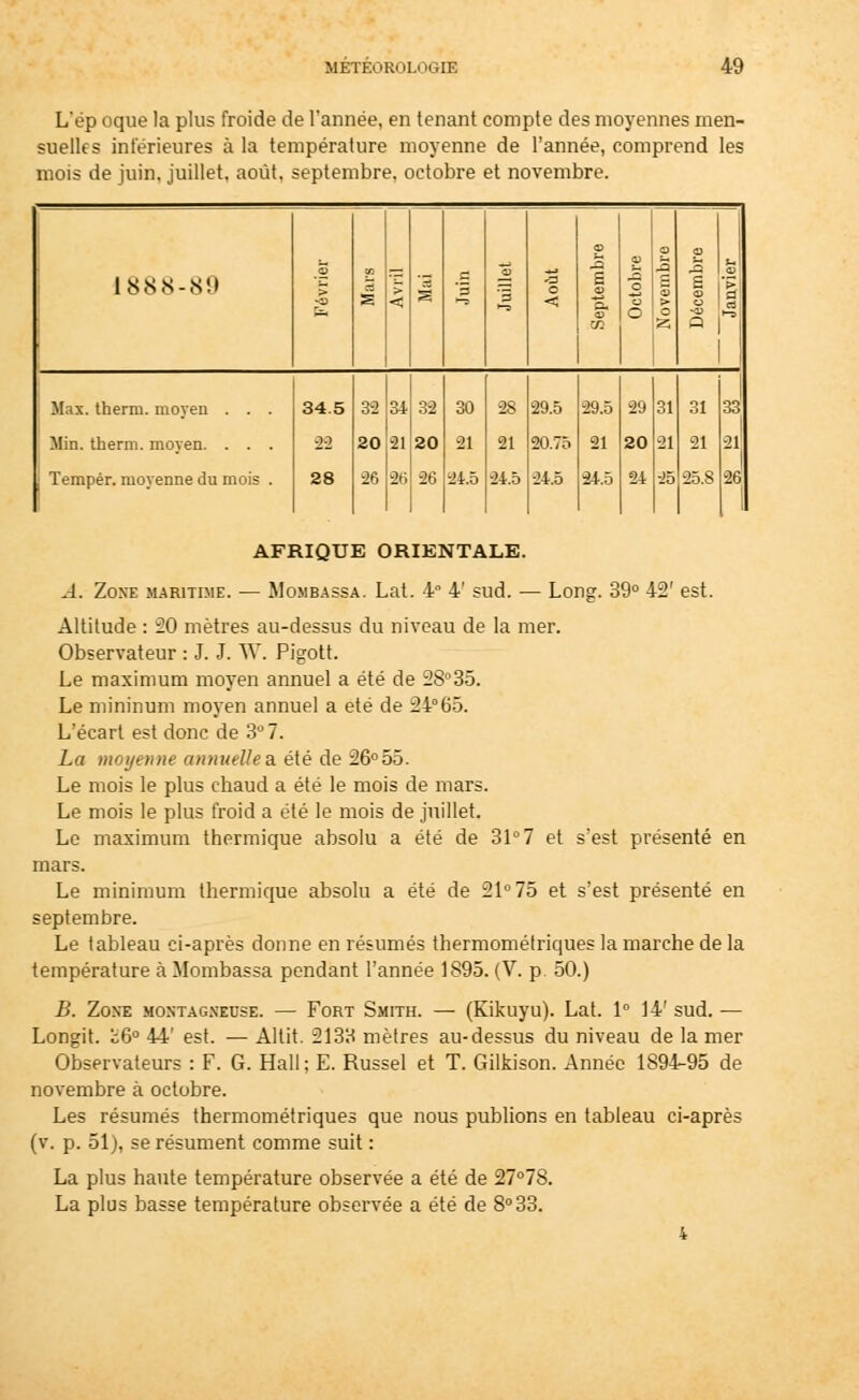 L'ep oque la plus froide de l'année, en tenant compte des moyennes men- suelles intérieures à la température moyenne de l'année, comprend les mois de juin, juillet, août, septembre, octobre et novembre. a> o 1888-89 3 > su 00 s > < '3 S '3 3i '3 •-9 -a o < S a? —^ eu O — n — a s > o J3 6 <a o su 1 ri VI fc5 a Max. therm. moyen . . . 34.5 32 34 32 30 28 29.5 29.5 29 31 31 33 Min. therm. moyen. . . . 2-2 20 21 20 21 21 20.75 21 20 21 21 21 | Tempér. moyenne du mois . 28 26 2ti 26 24.5 24.5 24.5 24.5 24 25 25.8 26 AFRIQUE ORIENTALE. Mombassa. Lat. 4° 4' sud. — Long. 39° 42' est. A. ZOXE MARITIME. Altitude : 20 mètres au-dessus du niveau de la mer. Observateur : J. J. W. Pigott. Le maximum moyen annuel a été de 28°35. Le mininum moyen annuel a été de 24°65. L'écart est donc de 3° 7. La moyenne annuelle & été de 26°55. Le mois le plus chaud a été le mois de mars. Le mois le plus froid a été le mois de juillet. Le maximum thermique absolu a été de 31° 7 et s'est présenté en mars. Le minimum thermique absolu a été de 21° 75 et s'est présenté en septembre. Le tableau ci-après donne en résumés thermométriques la marche de la température à Mombassa pendant l'année 1895. (V. p. 50.) B. Zone montagneuse. — Fort Smith. — (Kikuyu). Lat. 1° 14' sud. — Longit. b6° 44' est. — Altit. 2133 mètres au-dessus du niveau de la mer Observateurs : F. G. Hall; E. Russel et T. Gilkison. Année 1894-95 de novembre à octobre. Les résumés thermométriques que nous publions en tableau ci-après (v. p. 51), se résument comme suit : La plus haute température observée a été de 27°78. La plus basse température observée a été de 8°33.