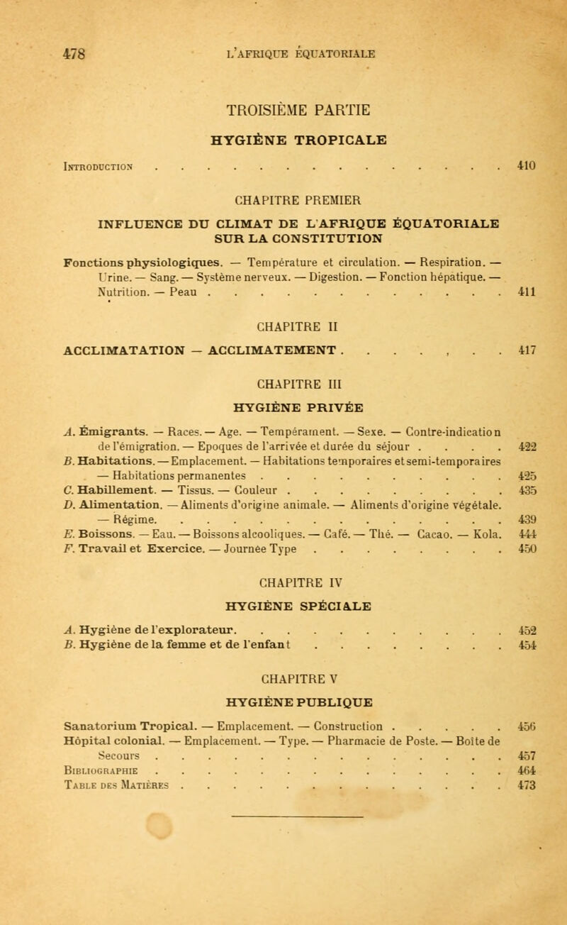 TROISIÈME PARTIE HYGIÈNE TROPICALE Introduction 410 CHAPITRE PREMIER INFLUENCE DU CLIMAT DE L AFRIQUE EQUATORIALE SUR LA CONSTITUTION Fonctions physiologiques. — Température et circulation. — Respiration.— l'rine. — Sang. — Système nerveux. — Digestion. — Fonction hépatique. — Nutrition. — Peau 411 CHAPITRE II ACCLIMATATION — ACCLIMATEMENT 417 CHAPITRE III HYGIÈNE PRIVÉE A. Émigrants. — Races. — Age. — Tempérament. —Sexe. — Contre-indication de l'émigration. — Epoques de l'arrivée et durée du séjour .... 422 B. Habitations. — Emplacement. — Habitations temporaires et semi-temporaires — Habitations permanentes 425 C. Habillement. — Tissus. — Couleur 435 D. Alimentation. — Aliments d'origine animale. — Aliments d'origine végétale. — Régime 439 E. Boissons. — Eau. — Boissons alcooliques. — Café. — Tlié. — Cacao. — Kola. 444 F. Travail et Exercice. — Journée Type 450 CHAPITRE IV HYGIÈNE SPÉCIALE A. Hygiène de l'explorateur 452 B. Hygiène delà femme et de l'enfant 454 CHAPITRE V HYGIÈNE PUBLIQUE Sanatorium Tropical. — Emplacement. — Construction 456 Hôpital colonial. — Emplacement. — Type. — Pharmacie de Poste. — Boite de Secours 457 Bibliographie 464 Table des Matières 473