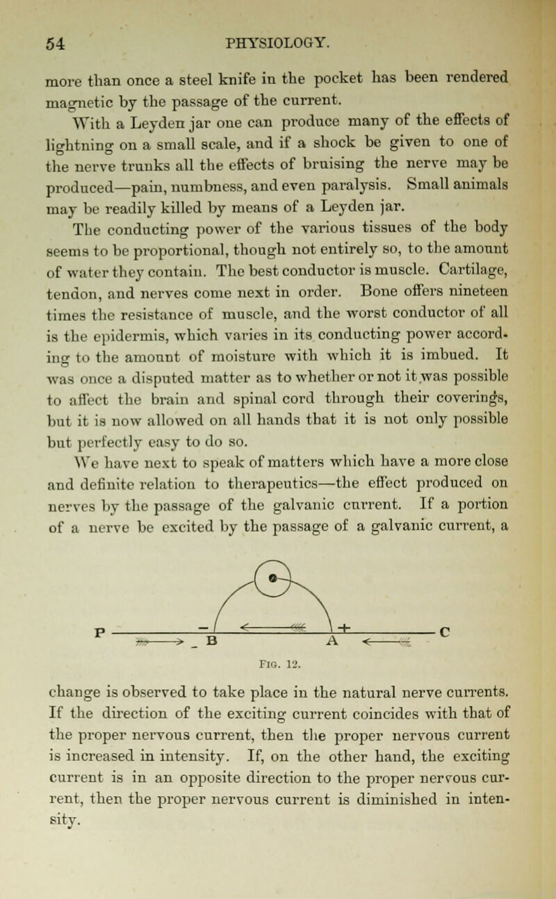 more than once a steel knife in the pocket has been rendered magnetic by the passage of the current. With a Leyden jar one can produce many of the effects of lightning on a small scale, and if a shock be given to one of the nerve trunks all the effects of bruising the nerve may be produced—pain, numbness, and even paralysis. Small animals may be readily killed by means of a Leyden jar. The conducting power of the various tissues of the body seems to be proportional, though not entirely so, to the amount of water they contain. The best conductor is muscle. Cartilage, tendon, and nerves come next in order. Bone offers nineteen times the resistance of muscle, and the worst conductor of all is the epidermis, which varies in its conducting power accord. incr to the amount of moisture with which it is imbued. It was once a disputed matter as to whether or not it was possible to affect the brain and spinal cord through their coverings, but it is now allowed on all hands that it is not only possible but perfectly easy to do so. We have next to speak of matters which have a more close and definite relation to therapeutics—the effect produced on nerves by the passage of the galvanic current. If a portion of a nerve be excited by the passage of a galvanic current, a change is observed to take place in the natural nerve currents. If the direction of the exciting current coincides with that of the proper nervous current, then the proper nervous current is increased in intensity. If, on the other hand, the exciting current is in an opposite direction to the proper nervous cur- rent, then the proper nervous current is diminished in inten- sity.
