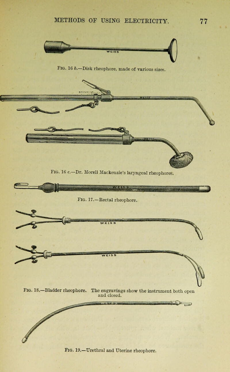 Fig. 16 b.—Disk rheophore, made of various sizes. Fig. 1G c—Dr. Horell Mackenzie's laryngeal rkeophores. Fig. 17.—Rectal rheophore. Fig. 18.—Bladder rheophore. The engravings show the instrument both open and closed. «» W ,_*; Fig. 19.—Urethral and Uterine rheophore.