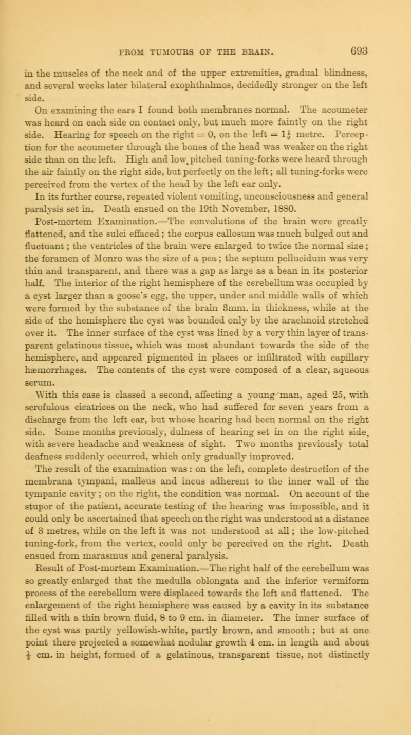 in the muscles of the neck and of the upper extremities, gradual blindness, and several weeks later bilateral exophthalmos, decidedly stronger on the left side. On examining the ears I found both membranes normal. The acoumeter was heard on each side on contact only, but much more faintly on the right side. Hearing for speech on the right = 0, on the left = 1| metre. Percep- tion for the acoumeter through the bones of the head was weaker on the right side than on the left. High and low-pitched tuning-forks were heard through the air faintly on the right side, but perfectly on the left; all tuning-forks were perceived from the vertex of the head by the left ear only. In its further course, repeated violent vomiting, unconsciousness and general paralysis set in. Death ensued on the 19th November, 18S0. Post-mortem Examination.—The convolutions of the brain were greatly nattened, and the sulci effaced; the corpus callosum was much bulged out and fluctuant; the ventricles of the brain were enlarged to twice the normal size; the foramen of Monro was the size of a pea; the septum pellucidum was very thin and transparent, and there was a gap as large as a bean in its posterior half. The interior of the right hemisphere of the cerebellum was occupied by a cyst larger than a goose's egg, the upper, under and middle walls of which were formed by the substance of the brain 3mm. in thickness, while at the side of the hemisphere the cyst was bounded only by the arachnoid stretched over it. The inner surface of the cyst was lined by a very thin layer of trans- parent gelatinous tissue, which was most abundant towards the side of the hemisphere, and appeared pigmented in places or infiltrated with capillary haemorrhages. The contents of the cyst were composed of a clear, aqueous serum. With this case is classed a second, affecting a young man, aged 25, with scrofulous cicatrices on the neck, who had suffered for seven years from a discharge from the left ear, but whose hearing had been normal on the right side. Some months previously, dulness of hearing set in on the right side, with severe headache and weakness of sight. Two months previously total deafness suddenly occurred, which only gradually improved. The result of the examination was: on the left, complete destruction of the membrana tympani, malleus and incus adherent to the inner wall of the tympanic cavity ; on the right, the condition was normal. On account of the stupor of the patient, accurate testing of the hearing was impossible, and it could only be ascertained that speech on the right was understood at a distance of 3 metres, while on the left it was not understood at all; the low-pitched tuning-fork, from the vertex, could only be perceived on the right. Death ensued from marasmus and general paralysis. Ptesult of Post-mortem Examination.—The right half of the cerebellum was so greatly enlarged that the medulla oblongata and the inferior vermiform process of the cerebellum were displaced towards the left and flattened. The enlargement of the right hemisphere was caused by a cavity in its substance filled with a thin brown fluid, 8 to 9 cm. in diameter. The inner surface of the cyst was partly yellowish-white, partly brown, and smooth ; but at one point there projected a somewhat nodular growth -A cm. in length and about $ cm. in height, formed of a gelatinous, transparent tissue, not distinctly