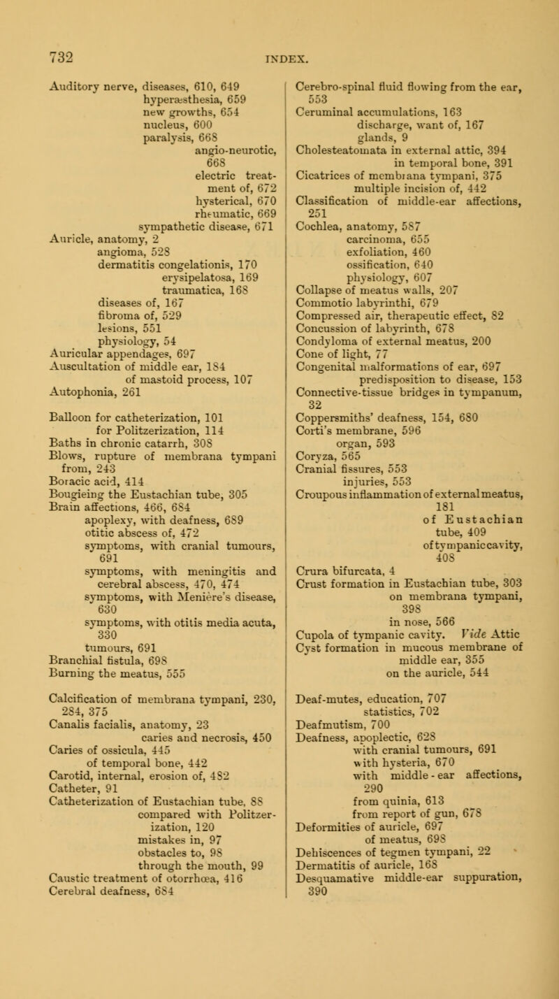 Auditory nerve, diseases, 610, 649 hyperesthesia, 659 new growths, 654 nucleus, 600 paralysis, 66S angio-neurotic, 668 electric treat- ment of, 672 hysterical, 670 rheumatic, 669 sympathetic disease, 671 Auricle, anatomy, 2 angioma, 528 dermatitis congelationis, 170 ervsipelatosa, 169 traumatica, 16S diseases of, 167 fibroma of, 529 lesions, 551 physiology, 54 Auricular appendages, 697 Auscultation of middle ear, 1S4 of mastoid process, 107 Autophonia, 261 Balloon for catheterization, 101 for Politzerization, 114 Baths in chronic catarrh, 30S Blows, rupture of membrana tympani from, 24-3 Boracic acid, 414 Bougieing the Eustachian tube, 305 Brain affections, 466, 6S4 apoplexy, with deafness, 6S9 otitic abscess of, 472 symptoms, with cranial tumours, 691 symptoms, with meningitis and cerebral abscess, 470, 474 symptoms, with Meniere's disease, 630 symptoms, with otitis media acuta, 330 tumours, 691 Branchial fistula, 69S Burning the meatus, 555 Calcification of membrana tympani, 230. 2S4, 375 Canalis facialis, anatomy, 23 caries and necrosis, 450 Caries of ossicula, 445 of temporal bone, 442 Carotid, internal, erosion of, 4S2 Catheter, 91 Catheterization of Eustachian tube, 88 compared with Politzer- ization, 120 mistakes in, 97 obstacles to, 95 through the mouth, 99 Caustic treatment of otorrhoea, 416 Cerebral deafness, 6S4 Cerebro-spinal fluid flowing from the ear, 553 Ceruminal accumulations, 163 discharge, %vant of, 167 glands, 9 Cholesteatomata in external attic, 394 in temporal bone, 391 Cicatrices of membrana tympani. 375 multiple incision of, 442 Classification of middle-ear affections, 251 Cochlea, anatomy. . - 7 carcinoma, 655 exfoliation, 460 ossification, 640 physiology, 607 Collapse of meatus walls, 207 Commotio labyrinthi, 679 Compressed air, therapeutic effect, 82 Concussion of labyrinth, 678 Condyloma of external meatus, 200 Cone of light, 77 Congenital malformations of ear, 697 predisposition to disease, 153 Connective-tissue bridges in tympanum, 32 Coppersmiths' deafness, 154, 6S0 Corti's membrane, 596 organ, 593 Coryza, 565 Cranial fissures, 553 injuries, 553 Croupous inflammation of external meatus, 181 of Eustachian tube, 409 of tvnipanic cavity, 408 Crura bifurcata, 4 Crust formation in Eustachian tube, 303 on membrana tympani, 39S in nose, 566 Cupola of tympanic cavity. Vide Attic Cyst formation in mucous membrane of middle ear, 355 on the auricle, 544 Deaf-mutes, education, 707 statistics, 702 Deafmutism, 700 Deafness, apoplectic, 62S with cranial tumours, 691 with hysteria, 670 with middle - ear affections, 290 from quinia, 613 from report of gun, 67S Deformities of auricle, 697 of meatus, 698 Dehiscences of tegrnen tympani, 22 Dermatitis of auricle, 16S Desquamative middle-ear suppuration, 390