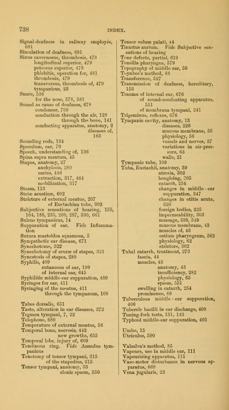 Signal-deafness in railway employes, 681 Simulation of deafness, 681 Sinus cavernosus, thrombosis, 478 longitudinal superior, 479 petrosus superior, 478 phlebitis, operation for, 481 thrombosis, 479 transversus, thrombosis of, 479 tympanicus, 23 Snare, 536 for the nose, 578, 581 Sound as cause of deafness, 678 condenser, 709 conduction through the air, 128 through the bone, 141 conducting apparatus, anatomy, 2 diseases of, 163 Sounding rods, 134 Speculum, ear, 70 Speech, understanding of, 136 Spina supra meatum, 45 Stapes, anatomy, 27 anchylosis, 280 caries, 446 extraction, 317, 464 mobilization, 317 Steam, 113 Striae acusticae, 602 Stricture of external meatus, 207 of Eustachian tube, 302 Subjective sensations of hearing, 155, 164, 185, 235, 260, 287, 330, 661 Sulcus tympanicus, 14 Suppuration of ear. Vide Inflamma- tion Sutura mastoidea squamosa, 5 Sympathetic ear disease, 671 Synechotome, 322 Synechotomy of cruras of stapes, 321 Synostosis of stapes, 280 Syphilis, 409 cutaneous of ear, 199 of internal ear, 645 Syphilitic middle-ear suppuration, 409 Syringes for ear, 411 Syringing of the meatus, 411 through the tympanum, 108 Tabes dorsalis, 651 Taste, alteration in ear diseases, 372 Tegmen tympani, 7, 22 Telephone, 680 Temperature of external meatus, 56 Temporal bone, necrosis, 442 new growths, 655 Temporal lobe, injury of, 609 Tendinous ring. Vide Annulus tym- panicus Tenotomy of tensor tympani, 315 of the stapedius, 315 Tensor tympani, anatomy, 33 clonic spasm, 550 Tensor velum palati, 44 Tinnitus aurium. Vide Subjective sen- sations of hearing Tone defects, partial, 619 Tonsilla pharyngea, 579 Topography of middle ear, 50 Tuynbee's method, 88 Transference, 527 Transmission of deafness, hereditary, 153 Trauma of internal ear, 676 of sound-conducting apparatus, 551 of membrana tympani, 241 Trigeminus, reflexes, 676 Tympanic cavity, anatomy, 13 diseases, 226 mucous membrane, 35 physiology, 56 vessels and nerves, 37 variations in air-pres- sure, 63 walls, 21 Tympanic tube, 109 Tuba, Eustachii, anatomy, 39 atresia, 302 bougieing, 205 catarrh, 254 changes in middle - ear suppuration, 347 changes in otitis acuta, 326 foreign bodies, 225 impermeability, 303 massage, 338, 549 mucous membrane, 43 muscles of, 43 ostium pharyrgeum, 562 physiology, 62 stricture, 302 Tubal catarrh, treatment, 273 fascia, 44 muscles, 43 anatomy, 43 insufficiency, 282 physiology, 65 spasm, 551 swelling in catarrh, 254 prominence, 89 Tuberculous middle - ear suppuration, 406 Tubercle bacilli in ear discharge, 408 Tuning-fork tests, 131, 143 Typhoid middle-ear suppuration, 401 Umbo, 15 Utriculus, 590 Valsalva's method, 85 Vapours, use in middle ear, 111 Vapourizing apparatus, 111 Vaso-motor disturbance in nervous ap- paratus, 669 Vena jugularis, 23