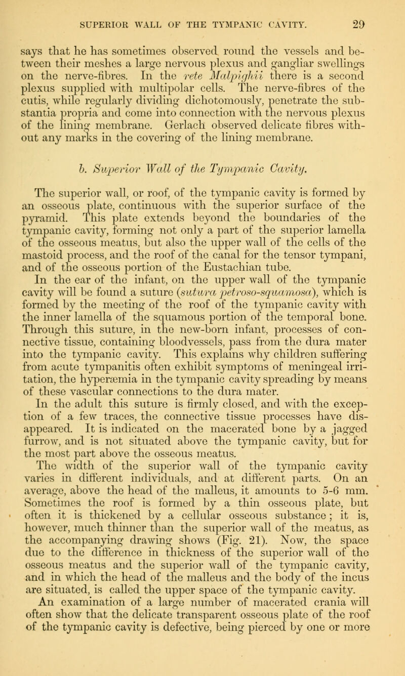 says that he has sometimes observed round the vessels and be- tween their meshes a large nervous plexus and gangliar swellings on the nerve-fibres. In the rete Malpigkii there is a second plexus supplied with multipolar cells. The nerve-fibres of the cutis, while regularly dividing dichotomously, penetrate the sub- stantia propria and come into connection with the nervous plexus of the lining membrane. Gerlach observed delicate fibres Avith- out any marks in the covering of the lining membrane. b. Superior Wall of the Tympanic Cavity. The superior wall, or roof, of the tympanic cavity is formed by an osseous plate, continuous with the superior surface of the pyramid. This plate extends beyond the boundaries of the tympanic cavity, forming not only a part of the superior lamella of the osseous meatus, but also the upper wall of the cells of the mastoid process, and the roof of the canal for the tensor tympani, and of the osseous portion of the Eustachian tube. In the ear of the infant, on the upper wall of the tympanic cavity will be found a suture (swtura petroso-sqaamosa), which is formed by the meeting of the roof of the tympanic cavity with the inner lamella of the squamous portion of the temporal bone. Through this suture, in the new-born infant, processes of con- nective tissue, containing bloodvessels, pass from the dura mater into the tympanic cavity. This explains why children suffering from acute tympanitis often exhibit symptoms of meningeal irri- tation, the hypersemia in the tympanic cavity spreading by means of these vascular connections to the dura mater. In the adult this suture is firmly closed, and with the excep- tion of a few traces, the connective tissue processes have dis- appeared. It is indicated on the macerated bone by a jagged furrow, and is not situated above the tympanic cavity, but for the most part above the osseous meatus. The width of the superior wall of the tympanic cavity varies in different individuals, and at different parts. On an average, above the head of the malleus, it amounts to 5-6 mm. Sometimes the roof is formed by a thin osseous plate, but often it is thickened by a cellular osseous substance; it is, however, much thinner than the superior wall of the meatus, as the accompanying drawing shows (Fig. 21). Now, the space due to the difference in thickness of the superior Avail of the osseous meatus and the superior Avail of the tympanic cavity, and in Avhich the head of the malleus and the body of the incus are situated, is called the upper space of the tympanic cavity. An examination of a large number of macerated crania will often shoAV that the delicate transparent osseous plate of the roof of the tympanic cavity is defectiA^e, being pierced by one or more