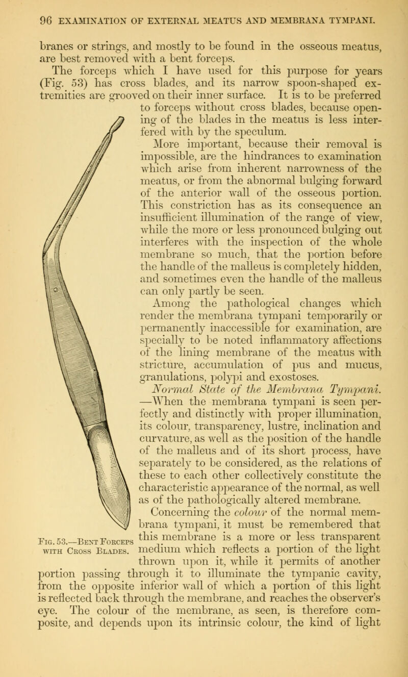 branes or strings, and mostly to be found in the osseous meatus, are best removed with a bent forceps. The forceps which I have used for this purpose for years (Fig. 53) has cross blades, and its narrow spoon-shaped ex- tremities are grooved on their inner surface. It is to be preferred to forceps without cross blades, because open- ing of the blades in the meatus is less inter- fered with by the speculum. More important, because their removal is impossible, are the hindrances to examination which arise from inherent narrowness of the meatus, or from the abnormal bulging forward of the anterior wall of the osseous portion. This constriction has as its consequence an insufficient illumination of the range of view, while the more or less pronounced bulging out interferes with the inspection of the whole membrane so much, that the portion before the handle of the malleus is completely hidden, and sometimes even the handle of the malleus can only partly be seen. Among the pathological changes which render the membrana tympani temporarily or permanently inaccessible for examination, are .specially to be noted inflammatory affections of the lining membrane of the meatus with stricture, accumulation of pus and mucus, granulations, polypi and exostoses. Normal State of the Membrana Tympani. —When the membrana tympani is seen per- fectly and distinctly with proper illumination, its colour, transparency, lustre, inclination and curvature, as well as the position of the handle of the malleus and of its short process, have separately to be considered, as the relations of these to each other collectively constitute the characteristic appearance of the normal, as well as of the pathologically altered membrane. Concerning the colour of the normal mem- brana tympani, it must be remembered that Fig. 53.—Bent Forceps this membrane is a more or less transparent with Cross Blades, medium which reflects a portion of the light thrown upon it, while it permits of another portion passing through it to illuminate the tympanic cavity, from the opposite inferior wall of which a portion of this light is reflected back through the membrane, and reaches the observer's eye. The colour of the membrane, as seen, is therefore com- posite, and depends upon its intrinsic colour, the kmd of light