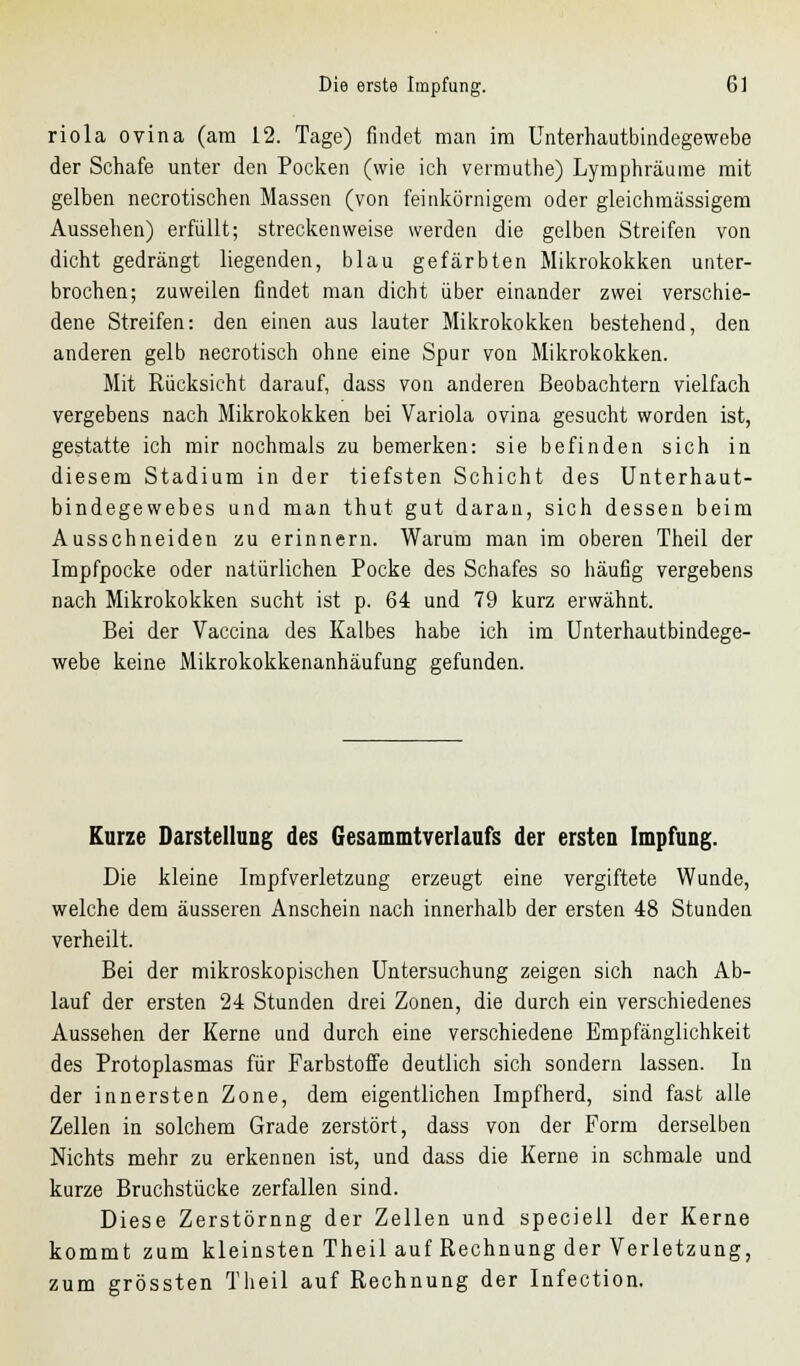 riola ovina (am 12. Tage) findet man im Unterhautbindegewebe der Schafe unter den Pocken (wie ich vermuthe) Lymphräume mit gelben necrotischen Massen (von feinkörnigem oder gleichmässigem Aussehen) erfüllt; streckenweise werden die gelben Streifen von dicht gedrängt liegenden, blau gefärbten Mikrokokken unter- brochen; zuweilen findet man dicht über einander zwei verschie- dene Streifen: den einen aus lauter Mikrokokken bestehend, den anderen gelb necrotisch ohne eine Spur von Mikrokokken. Mit Rücksicht darauf, dass von anderen Beobachtern vielfach vergebens nach Mikrokokken bei Variola ovina gesucht worden ist, gestatte ich mir nochmals zu bemerken: sie befinden sich in diesem Stadium in der tiefsten Schicht des Unterhaut- bindegewebes und man thut gut daran, sich dessen beim Ausschneiden zu erinnern. Warum man im oberen Theil der Impfpocke oder natürlichen Pocke des Schafes so häufig vergebens nach Mikrokokken sucht ist p. 64 und 79 kurz erwähnt. Bei der Vaccina des Kalbes habe ich im Unterhautbindege- webe keine Mikrokokkenanhäufung gefunden. Kurze Darstellung des Gesammtverlaufs der ersten Impfung. Die kleine Impfverletzung erzeugt eine vergiftete Wunde, welche dem äusseren Anschein nach innerhalb der ersten 48 Stunden verheilt. Bei der mikroskopischen Untersuchung zeigen sich nach Ab- lauf der ersten 24 Stunden drei Zonen, die durch ein verschiedenes Aussehen der Kerne und durch eine verschiedene Empfänglichkeit des Protoplasmas für Farbstoffe deutlich sich sondern lassen. In der innersten Zone, dem eigentlichen Impfherd, sind fast alle Zellen in solchem Grade zerstört, dass von der Form derselben Nichts mehr zu erkennen ist, und dass die Kerne in schmale und kurze Bruchstücke zerfallen sind. Diese Zerstörnng der Zellen und speciell der Kerne kommt zum kleinsten Theil auf Rechnung der Verletzung, zum grössten Theil auf Rechnung der Infection.