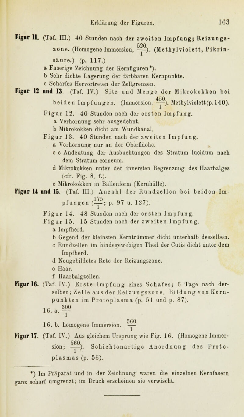 Figur 11. (Taf. III.) 40 Stunden nach der zweiten Impfung; Reizungs- 520 zone. (Homogene Immersion, —). (Methylviolett, Pikrin- säure.) (p. 117.) a Faserige Zeichnung der Kernfiguren*), b Sehr dichte Lagerung der färbbaren Kernpunkte, c Scharfes Hervortreten der Zellgrenzen. Figur 12 und 13. (Taf. IV.) Sitz und Menge der Mikrokokken bei 450 beiden Impfungen. (Immersion. ——). Methylviolett(p. 140). Figur 12. 40 Stunden nach der ersten Impfung, a Verhornung sehr ausgedehnt. b Mikrokokken dicht am Wundkanal. Figur 13. 40 Stunden nach der zweiten Impfung, a Verhornung nur an der Oberfläche, c c Andeutung der Ausbuchtungen des Stratum lucidum nach dem Stratum corneum. d Mikrokokken unter der innersten Begrenzung des Haarbalges (cfr. Fig. 8. f.). e Mikrokokken in Ballenform (Kernhiille). Figur 14 und 15. (Taf. III.) Anzahl der Rundzellen bei beiden Im- pfungen (-r-; p- 97 u. 127). Figur 14. 48 Stunden nach der ersten Impfung. Figur 15. 15 Stunden nach der zweiten Impfung, a Impfherd. b Gegend der kleinsten Kerntrümmer dicht unterhalb desselben, c Rundzellen im bindegewebigen Theil der Cutis dicht unter dem Impfherd. d Neugebildetes Rete der Reizungszone, e Haar. f Haarbalgzellen. Figur 16. (Taf. IV.) Erste Impfung eines Schafes; 6 Tage nach der- selben; Zelle aus der Reizungszone. Bildung von Kern- punkten im Protoplasma (p. 51 und p. 87). 1C 300 16. a. — 16. b. homogene Immersion. —— Figur 17. (Taf. IV.) Aus gleichem Ursprung wie Fig. 16. (Homogene Immer- sion; ——). Schichtenartige Anordnung des Proto- plasmas (p. 56). *) Im Präparat und in der Zeichnung waren die einzelnen Kernfasern ganz scharf umgrenzt; im Druck erscheinen sie verwischt.