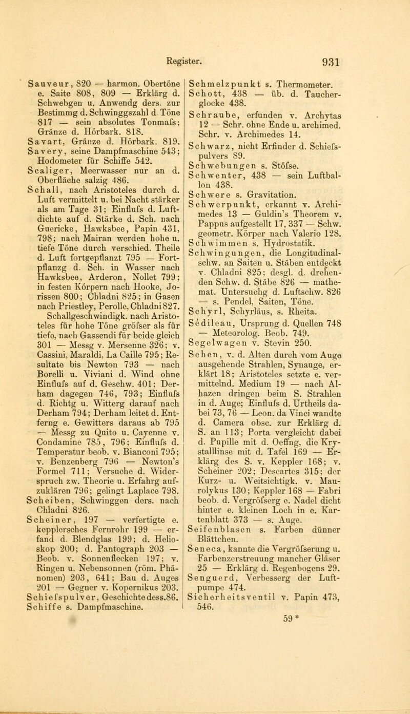 Sauveur, 820 — harmon. Obertöne e. Saite 808, 809 — Erklärg d. Schwebgen u. Anwendg ders. zur Bestimmg d. Schwinggszahl d Töne 817 — sein absolutes Tonmafs; Gränze d. Hörbark. 818. Savart, Gränze d. Hörbark. 819. Savery, seine Dampfmaschine 543; Hodometer für Schiffe 542. Scaliger, Meerwasser nur an d. Oberfläche salzig 486. Schall, nach Aristoteles durch d. Luft vermittelt u. bei Nacht stärker als am Tage 31; Einflufs d. Luft- dichte auf d. Stärke d. Seh. nach Guericke, Hawksbee, Papin 431, 798; nach Mairan werden hohe u, tiefe Töne durch verschied. Theile d. Luft fortgepflanzt 795 — Fort- pflanzg d. Seh. in Wasser nach Hawksbee, Arderon, Nollet 799; in festen Körpern nach Hooke, Jo- rissen 800; Chladni 825; in Gasen nach Priestley, Perolle, Chladni 827. Schallgeschwindigk. nach Aristo- teles für hohe Töne gröfser als für tiefe, nach Gassendi für beide gleich 301 — Messg V. Mersenne 326; v. Cassini, Maraldi, La Caille 795; Re- sultate bis Newton 793 — nach BorelU u. Viviani d. Wind ohne Einflufs auf d. Geschw. 401: Der- ham dagegen 746, 793; Einflufs d. Richtg u. Witterg darauf nach Derham 794; Derham leitet d. Ent- ferng e. Gewitters daraus ab 795 — Messg zu Quito u. Cayenne v. Condamine 785, 796; Einflufs d. Temperatur beob. v. Bianconi 795; V. Benzenberg 796 — Newton's Formel 711; Versuche d. Wider- spruch zw. Theorie u. Erfahrg auf- zuklären 796; gehngt Laplace 798. Scheiben, Schwinggen ders. nach Chladni 826. Scheiner, 197 — verfertigte e. kepplersches Fernrohr 199 — er- fand d. Blendglas 199; d. Helio- skop 200; d. Pantograph 203 — Beob. V. Sonnenflecken 197; v. Ringen u. Nebensonnen (röm. Phä- nomen) 203, 641; Bau d. Auges 201 — Gegner v. Kopernikus 203. Schiefspulver, Geschichtedess.86. Schiffe s. Dampfmaschine. Schmelzpunkt s. Thermometer. Schott, 438 — üb. d. Taucher- glocke 438. Schraube, erfunden v. Archytas 12 — Sehr, ohne Ende u. archimed. Sehr. V. Archimedes 14. Schwarz, nicht Erfinder d. Schiefs- pulvers 89. Schwebungen s. Stöfse. Sehwenter, 438 — sein Luftbal- lon 438. Schwere s. Gravitation. Schwerpunkt, erkannt v. Archi- medes 13 — Guldin's Theorem v. Pappus aufgestellt 17, 337 — Schw. geometr. Körper nach Valerio 128. Schwimmen s. Hydrostatik. Schwingungen, die Longitudinal- schw. an Saiten u. Stäben entdeckt V. Chladni 825: desgl. d. drehen- den Schw. d. Stäbe 826 — mathe- mat. Untersuchg d. Luftschw. 826 — s. Pendel, Saiten, Töne. Schyrl, Schyrläus, s. Rheita. Sedileau, Ursprung d. Quellen 748 — Meteorolog. Beob. 749. Segelwagen v. Stevin 250. Sehen, v. d. Alten durch vom Auge ausgehende Strahlen, Synauge, er- klärt 18; Aristoteles setzte e. ver- mittelnd. Medium 19 — nach Al- hazen dringen beim S. Strahlen in d. Auge; Einflufs d. Urtheils da- bei 73, 76 — Leon, da Vinci wandte d. Camera obsc. zur Erklärg d. S. an 113; Porta vergleicht dabei d. Pupille mit d. Oeffng, die Kry- stalllinse mit d. Tafel 169 — Er- klärg des S. V. Keppler 168; v. Scheiner 202: Descartes 315: der Kurz- u. Weitsichtigk. v. Mau- rolykus 130; Keppler 168 — Fabri beob. d. Vergröfserg e. Nadel dicht hinter e. kleinen Loch in e. Kar- tenblatt 373 — s. Auge. Seifenblasen s. Farben dünner Blättchen. S e n e c a, kannte die Vergröfserung u. Farbenzerstreuung mancher Gläser 25 — Erklärg d. Regenbogens 29. Sengucrd, Verbesserg der Luft- pumpe 474. Sicherheitsventil v. Papin 473, 546. 59*