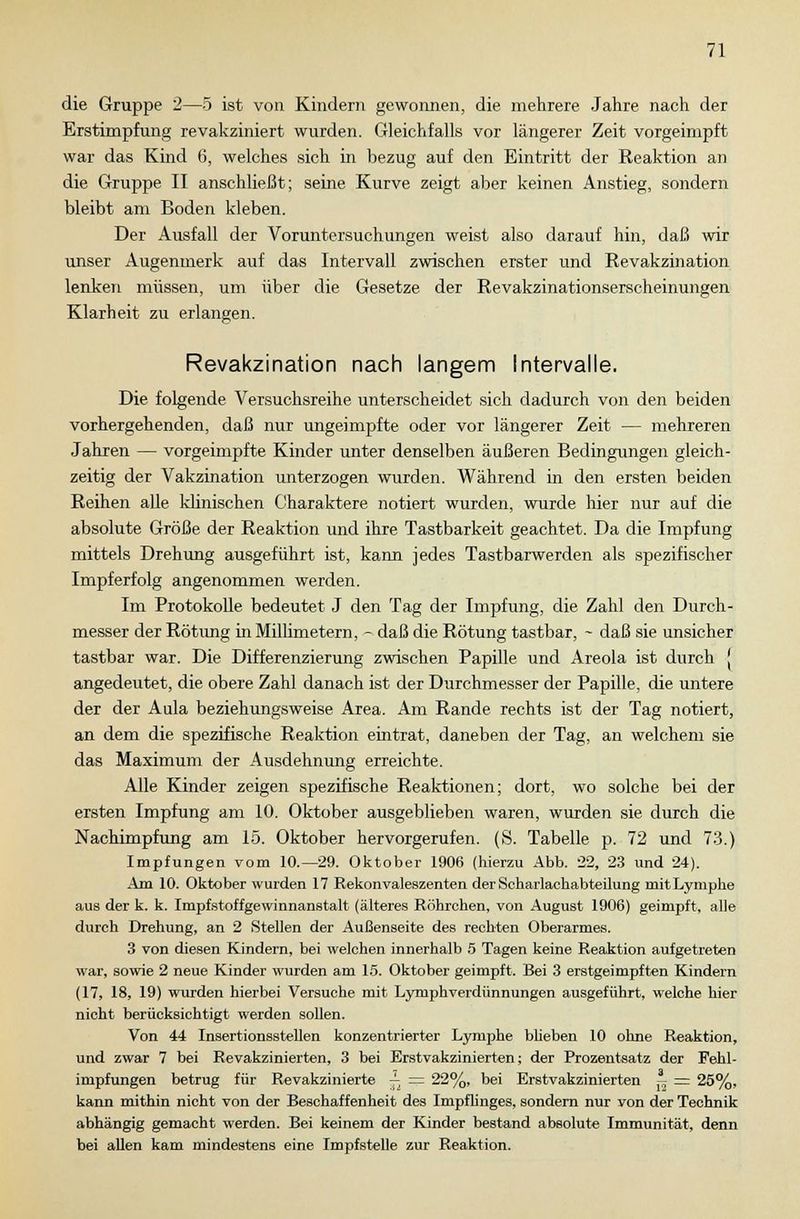 die Gruppe 2—5 ist von Kindern gewonnen, die mehrere Jahre nach der Erstimpfung revakziniert wurden. Gleichfalls vor längerer Zeit vorgeimpft war das Kind 6, welches sich in bezug auf den Eintritt der Reaktion an die Gruppe II anschließt; seine Kurve zeigt aber keinen Anstieg, sondern bleibt am Boden kleben. Der Ausfall der Voruntersuchungen weist also darauf hin, daß wir unser Augenmerk auf das Intervall zwischen erster und Revakzination lenken müssen, um über die Gesetze der Revakzinationserscheinungen Klarheit zu erlangen. Revakzination nach langem Intervalle. Die folgende Versuchsreihe unterscheidet sich dadurch von den beiden vorhergehenden, daß nur ungeimpfte oder vor längerer Zeit — mehreren Jahren — vorgeimpfte Kinder unter denselben äußeren Bedingungen gleich- zeitig der Vakzination unterzogen wurden. Während in den ersten beiden Reihen alle klinischen Charaktere notiert wurden, wurde hier nur auf die absolute Größe der Reaktion und ihre Tastbarkeit geachtet. Da die Impfung mittels Drehung ausgeführt ist, kann jedes Tastbarwerden als spezifischer Impf erfolg angenommen werden. Im Protokolle bedeutet J den Tag der Impfung, die Zahl den Durch- messer der Rötung in Millimetern, - daß die Rötung tastbar, - daß sie unsicher tastbar war. Die Differenzierung zwischen Papille und Areola ist durch [ angedeutet, die obere Zahl danach ist der Durchmesser der Papille, die untere der der Aula beziehungsweise Area. Am Rande rechts ist der Tag notiert, an dem die spezifische Reaktion eintrat, daneben der Tag, an welchem sie das Maximum der Ausdehnung erreichte. Alle Kinder zeigen spezifische Reaktionen; dort, wo solche bei der ersten Impfung am 10. Oktober ausgeblieben waren, wurden sie durch die Nachimpfung am 15. Oktober hervorgerufen. (S. Tabelle p. 72 und 73.) Impfungen vom 10.—29. Oktober 1906 (hierzu Abb. 22, 23 und 24). Am 10. Oktober wurden 17 Rekonvaleszenten der Scharlachabteilung mitLymphe aus der k. k. Impfstoffgewinnanstalt (älteres Röhrchen, von August 1906) geimpft, alle durch Drehung, an 2 Stellen der Außenseite des rechten Oberarmes. 3 von diesen Kindern, bei welchen innerhalb 5 Tagen keine Reaktion aufgetreten war, sowie 2 neue Kinder wurden am 15. Oktober geimpft. Bei 3 erstgeimpften Kindern (17, 18, 19) wurden hierbei Versuche mit Lymphverdünnungen ausgeführt, welche hier nicht berücksichtigt werden sollen. Von 44 Insertionsstellen konzentrierter Lymphe blieben 10 ohne Reaktion, und zwar 7 bei Revakzinierten, 3 bei Erstvakzinierten; der Prozentsatz der Fehl- impfungen betrug für Revakzinierte — == 22%, bei Erstvakzinierten — =: 25%, kann mithin nicht von der Beschaffenheit des Impflinges, sondern nur von der Technik abhängig gemacht werden. Bei keinem der Kinder bestand absolute Immunität, denn bei allen kam mindestens eine Impfstelle zur Reaktion.