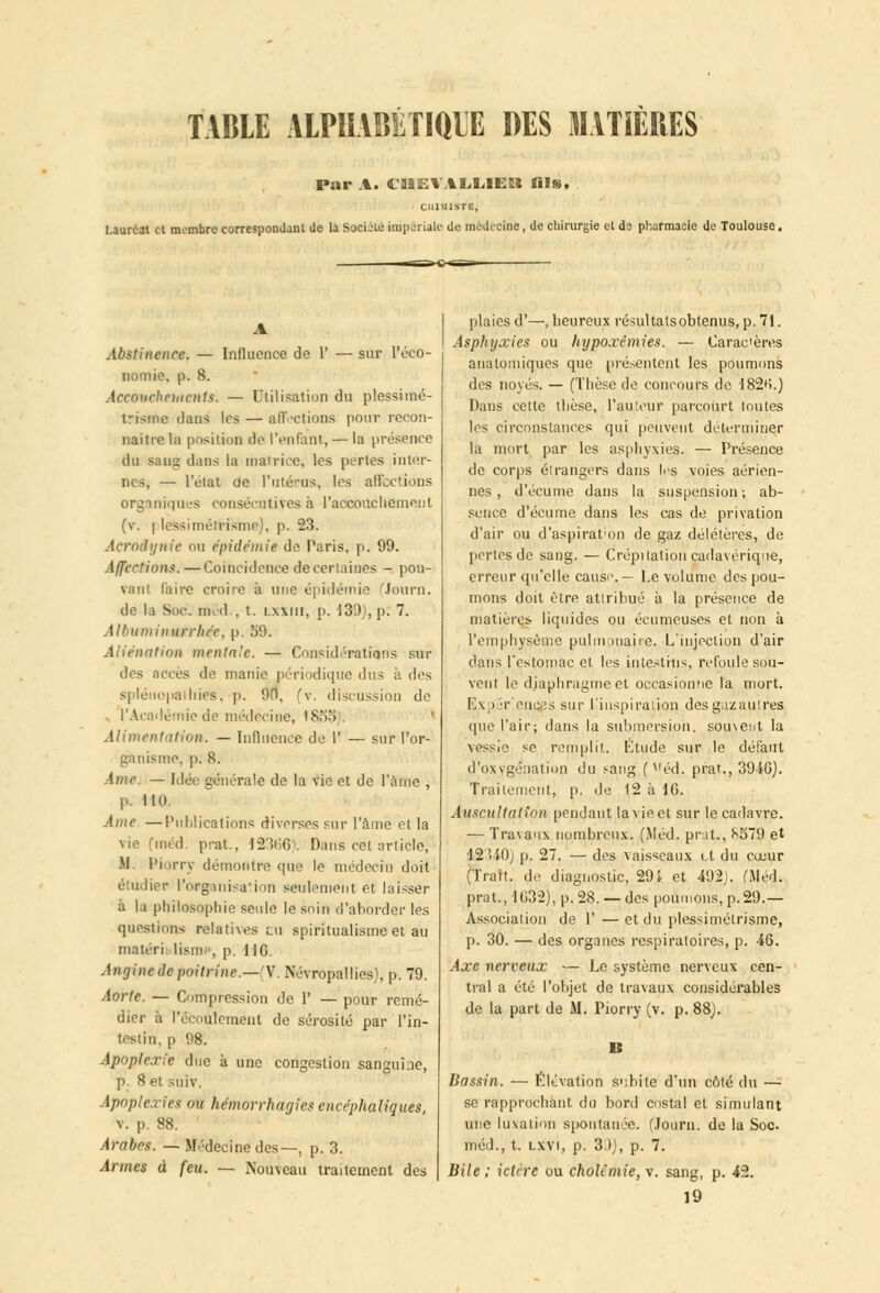 TABLE ALPHABÉTIQUE DES MATiÈBES Par A. caSEVAM-IECt fils, CHIMISTE, Lauréat cl membre correspondant de la Société impériale de médecine, de chirurgie et do pharmacie de Toulouse, Abstinence. — Influence de 1' — sur l'éco- nomie, p. 8. Accouchements. — Utilisation du plessimé- trisme dans les — affections pour recon- naître la position de l'enfant,— la présence du sang dans la matrice, les pertes inter- nes; — l'état oe l'utérus, les affections organiques consécutives à l'accouchement (v. | lessimétrisme), p. 23. Acroâynie ou épidémie de Paris, p. 99. Affections. —Coïncidence de certaines - pou- vant l'aire croire à une épidémie (Journ. de la Soc. rééd., t. i.xxiu, p. 139), p. 7. Albuminurrhre, p. 59. Aliénation mentale. — Considérations sur des accès de manie périodique dus à des splénopatliies, p. 90, (v, discussion de . l'Académie de médecine, 1855). Alimentation. — Influence de 1' — sur l'or- ganisme, p. 8. Ame. — Idée générale de la vie et de l'ànie , I». 110. Ame —Publications diverses sur l'âme et la vie fméd. prat., 12366). Dans cet article, M. Piorrv démontre cpie le médecin doit étudier l'orgjuisa'ion seulement et laisser à la philosophie seule le soin d'aborder les questions relatives tu spiritualisme et au matérialisme, p. Il G. Angine de poitrine.—'V'. Névropallies), p. 79. Aorte. — Compression de 1' — pour remé- dier à l'écoulement de sérosité par l'in- testin, p 98. Apoplexie duc à une congestion sanguine, p. 8 et suiv. Apoplexies ou hémorrhagies encéphaliques, v. [>. 88. Arabrs. — Médecine des—, p. 3. Armes à feu. — Nouveau traitement des plaies d'—, heureux résultatsobtenus, p. 71. Asphyxies ou hijpoxêmies. — Carac'ères anatomiques que présentent les poumons des noyés. — (Thèse de concours de 182n\) Dans cette thèse, l'auteur parcourt toutes les circonstances qui peuvent déterminer la mort par les asphyxies. — Présence de corps étrangers dans les voies aérien- nes , d'écume dans la suspension ; ab- sence d'écume dans les cas de privation d'air ou d'aspiratmn de gaz délétères, de pertes de sang. — Crépitation cadavérique, erreur qu'elle cause. — l.e volume des pou- mons doit être attribué à la présence de matières liquides ou écumeuses et non à l'emphysème pulmonaire. L'injection d'air dans l'estomac et les intestins, refoule sou- vent le diaphragme et occasionne la mort. Expériences sur ^inspiration desgazautres que l'aii-; dans la submersion, souvent la vessie se remplit. Étude sur le défaut d'oxvgénation du sang ( «éd. prat., 3946). Traitement, p. de 12 à 16. Auscultation pendant la vie et sur le cadavre. — Travaux nombreux. (Méd. prat., 8579 et d2 >i0j p. 27. — des vaisseaux et du cuuur (Trait, de diagnostic, 29i et 492). (Méd. prat., 1032), p. 28. — des poumons, p. 29.— Association de 1'—et du plessimélrisme, p. 30. — des organes respiratoires, p. 46. Axe nerveux — Le système nerveux cen- tral a été l'objet de travaux considérables de la part de M. Piorry (v. p. 88). Bassin. — Élévation s'ibite d'un côté du — se rapprochant du bord costal et simulant une luxation spontanée. (Journ. de la Soc. méd., t. lxvi, p. 3JJ, p. 7. Bile ; ictère ou choltmie, v. sang, p. 42. 19