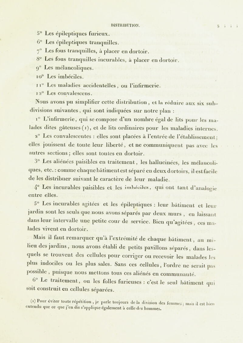 5° Les épileptiques furieux. 6° Les épileptiques tranquilles. 7° Les fous tranquilles, à placer en dortoir. 8° Les fous tranquilles incurables, à placer en dortoir. 9° Les mélancoliques. io° Les imbéciles. ii Les maladies accidentelles, on l'infirmerie. 12° Les convalescens. Nous avons pu simplifier cette distribution, et la réduire aux six sub- divisions suivantes , qui sont indiquées sur notre plan : i° L'infirmerie, qui se compose d'un nombre égal de lits pour les ma- lades dites gâteuses (j), et de lits ordinaires pour les maladies internes. a° Les convalescentes : elles sout placées à l'entrée de l'établissement; elles jouissent de toute leur liberté, et ne communiquent pas avec les autres sections ; elles sont toutes en dortoir. 3° Les aliénées paisibles en traitement, les ballucinées, les mélancoli- ques, etc. : comme chaque bâtiment est séparé en deux dortoirs, il estfacile de les distribuer suivant le caractère de leur maladie. 4° Les incurables paisibles et les iinr>étùles, qui ont tant d'analogie entre elles. 5° Les incurables agitées et les épileptiques : leur bâtiment et leur jardin sont les seuls que nous avons séparés par deux murs , en laissant dans leur intervalle une petite cour de service. Bien qu'agitées , ces ma- lades vivent en dortoir. Mais il faut remarquer qu'à l'extrémité de chaque bâtiment, au mi- lieu des jardins , nous avons établi de petits pavillons séparés, dans les- quels se trouvent des cellules pour corriger ou recevoir les malades les plus indociles ou les plus sales. Sans ces cellules, l'ordre ne serait pas possible , puisque nous mettons tous ces aliénés en communauté. 6° Le traitement, ou les folles furieuses : c'est le seul bâtiment qui soit construit en cellules séparées. (i) Pour éviter toute répétition , je parle toujours de la division des femmes ; mais il est bien entendu que ce que j'en dis s'applique également à celle des hommes.