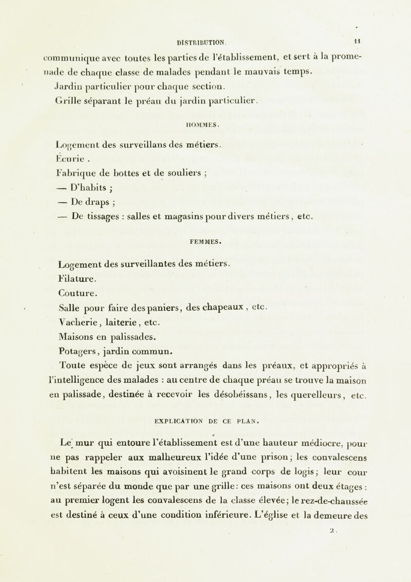 communique avec toutes les parties de l'établissement, et sert à la prome- nade de chaque classe de malades pendant le mauvais temps. Jardin particulier pour chaque section. Grille séparant le préau du jardin particulier. HOMMES. Logement des surveillans des métiers. Ecurie . Fabrique de bottes et de souliers ; — D'habits ; — De draps ; — De tissages : salles et magasins pour divers métiers, etc. FEMMES. Logement des surveillantes des métiers. Filature. Couture. Salle pour faire des paniers, des chapeaux , etc. Vacherie, laiterie, etc. Maisons en palissades. Potagers, jardin commun. Toute espèce de jeux sont arrangés dans les préaux, et appropriés à l'intelligence des malades : au centre de chaque préau se trouve la maison en palissade, destinée à recevoir les désobéissans, les querelleurs, etc. EXPLICATION DE CE PLAN. Le mur qui entoure rétablissement est d'une hauteur médiocre, pour ne pas rappeler aux malheureux l'idée d'une prison; les convalescens habitent les maisons qui avoisinent le grand corps de logis ; leur cour n'est séparée du monde que par une grille: ces maisons ont deux étages : au premier logent les convalescens de la classe élevée ; le rez-de-chaussée est destiné à ceux d'une condition inférieure. L'église et la demeure des 2.