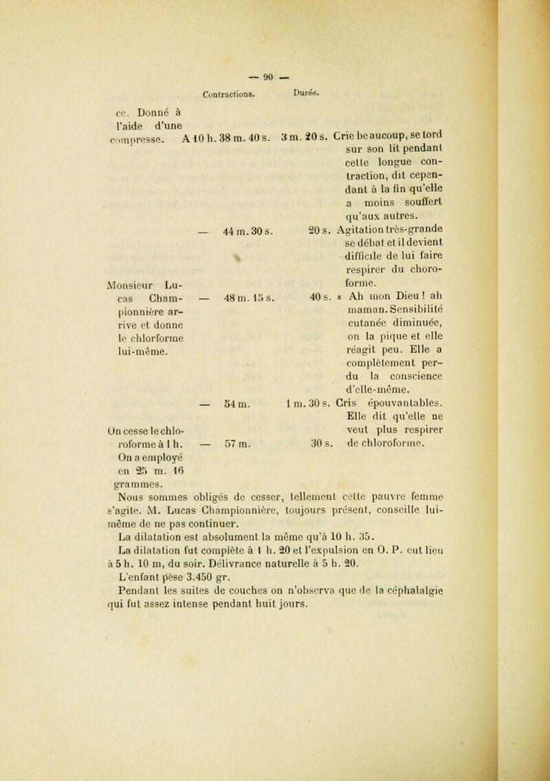 Contractions. Durée. ce. Donné à l'aide d'une compresse Monsieur Lu- cas Cham- pionnière ar- rive et donne le chlorforme lui-même. A10 h. 38 m. 40 s. 3 m. 20 s. Crie beaucoup, se tord sur son lit pendant cette longue con- traction, dit cepen- dant à la fin qu'elle a moins souffert qu'aux autres. — 44 m. 30 s. 20 s. Agitation très-grande se débat et il devient difficile de lui faire respirer du choro- forme. — 48m. 15s. 40s. « Ah mon Dieu! ah maman. Sensibilité cutanée diminuée, on la pique et elle — 54 m. réagit peu. Elle a complètement per- du la conscience d'elle-même. lm.30s, Cris épouvantables. Elle dit qu'elle ne veut plus respirer 30 s. de chloroforme. Un cesse le chlo- roforme à 1 h. — 57 m. On a employé en 25 m. 16 grammes. Nous sommes obligés de cesser, tellement celte pauvre femme s'agite. M. Lucas Championnière, toujours présent, conseille lui- même de ne pas continuer. La dilatation est absolument la même qu'à 10 h. 35. La dilatation fut complète à t h. 20 et l'expulsion en O. P. eut lieu à 5 h. 10 m, du soir. Délivrance naturelle à 5 h. 20. L'enfant pèse 3.450 gr. Pendant les suites de couches on n'observa que de la céphalalgie qui fut assez intense pendant huit jours.