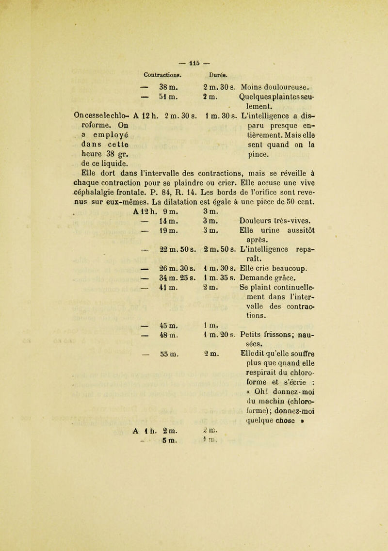 Contractions. Durée. - 38 m. 2 m. 30 s. Moins douloureuse. - 51 m. 2m. Quelques plaintes seu- lement. 12 h. 2 m. 30 s. lm.30s. L'intelligence a dis- paru presque en- tièrement. Mais elle sent quand on la pince. Oncesselechlo- A roforme. On a employé dans cette heure 38 gr. de ce liquide. Elle dort dans l'intervalle des contractions, mais se réveille à chaque contraction pour se plaindre ou crier. Elle accuse une vive céphalalgie frontale. P. 84, R. 14. Les bords de l'orifice sont reve- nus sur eux-mêmes. La dilatation est égale à une pièce de 50 cent. A12 h . 9 m. 3 m. — 14m. 3m. Douleurs très-vives. — 19m. 3 m. Elle urine aussitôt après. — 22 m. 50 s. 2 m. 50 s. L'intelligence repa- raît. — 26 m. 30 s. 1 m. 30 s. Elle crie beaucoup. — 34 m. 25 s. lm. 35 s. Demande grâce. 41m. 2 m. Se plaint continuelle- ment dans l'inter- valle des contrac- tions. — 45 m. lm. 48 m. 1 m. 20 s. Petits frissons; nau- 55 m. 2 m. sées. Ellcdit qu'elle souffre plus que qnand elle respirait du chloro- forme et s'écrie : « Oh! donnez-moi <iu machin (chloro- forme); donnez-moi quelque chose » A Ih. 2 m. 5 m. i su. In