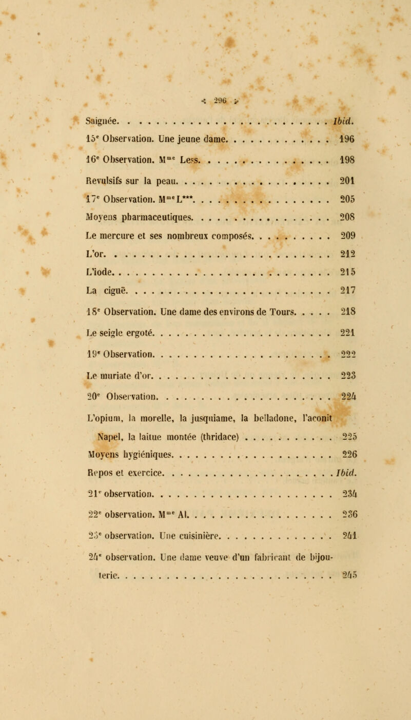 Saignée I6td. 15e Observation. Une jeune dame 196 16e Observation. Mme Le?s 198 Révulsifs sur la peau 201 17e Observation. MmeL*** 205 Moyens pharmaceutiques 208 Le mercure et ses nombreux composés 209 L'or 212 L'iode 215 La ciguë 217 18e Observation. Une dame des environs de Tours. .... 218 Le seigle ergoté 221 19e Observation 222 Le muriate d'or 223 20e Observation 22k L'opium, la morelle, la jusquiame, la belladone, l'aconit Napel, la laitue montée (thridace) 225 Moyens hygiéniques 226 Repos et exercice Ibid. 21e observation 234 22e observation. Mme Al 236 2oc observation. Une cuisinière 261 26e observation. Une dame veuve d'un fabricant de bijou- terie 245