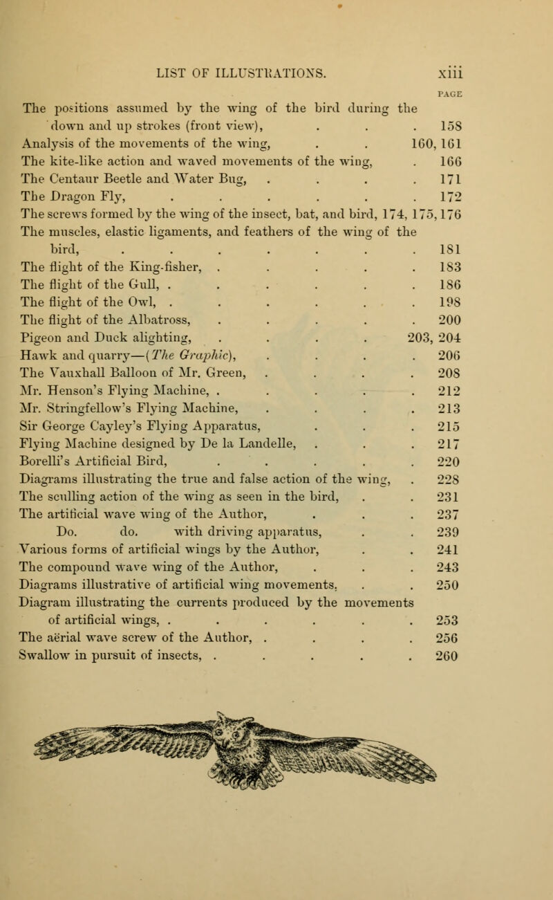 The positions assumed by the wing of the bird during the down and up strokes (front view), Analysis of the movements of the wing, The kite-like action and waved movements of the wiug, The Centaur Beetle and Water Bug, The Dragon Fly, ..... The screws formed by the wing of the insect, bat, and bird, 174, The muscles, elastic ligaments, and feathers of the wing of th bird, The flight of the King-fisher, . The flight of the Gull, . The flight of the Owl, . The flight of the Albatross, Pigeon and Duck alighting, Hawk and quarry—{The Graphic), The Vauxhall Balloon of Mr. Green, Mr. Henson's Flying Machine, . Mr. Stringfellow's Flying Machine, Sir George Cayley's Flying Apparatus, Flying Machine designed by De la Landelle, Borelli's Artificial Bird, Diagrams illustrating the true and false action of the wing The sculling action of the wing as seen in the bird The artificial wave wing of the Author, Do. do. with driving apparatus, Various forms of artificial wings by the Author, The compound wave wing of the Author, Diagrams illustrative of artificial wing movements Diagram illustrating the currents produced by the movements of artificial wings, . The aerial wave screw of the Author, . Swallow in pursuit of insects, . PAGE 158 160, 161 166 171 172 175,176 181 183 186 198 200 203, 204 206 208 212 213 215 217 220 228 231 237 239 241 243 250 253 256 260