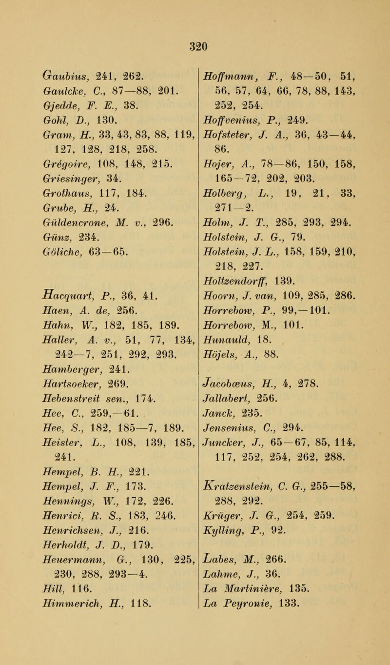 Gaubius, 241, 262. Gaulcke, C, 87—88, 201. Gjedde, F. E., 38. Gohl, D., 130. Gram, H, 33,43,83, 88, 119, 127, 128, 218, 258. Grégoire, 108, 148, 215. Griesinger, 34. Grothaus, 117, 184. Grube, H, 24. Guldencrone, M. v., 296. Giinz, 234. Gbliche, 63 — 65. Hacquart, P., 36, 41. Haen, A. de, 256. Hahn, W., 182, 185, 189. Haller, A. v., 51, 77, 134, 242—7, 251, 292, 293. Hamberger, 241. Hartsoeker, 269. Hebenstreit sen., 174. Hee, C, 259,-61. Hee, S., 182, 185—7, 189. Heister, L., 108, 139, 185, 241. Hempel, B. H, 221. Hempel, J. F., 173. Hennings, W., 172, 226. Henrici, R. S., 183, 246. Henrichsen, J., 216. Herholdt, J. D., 179. Heuermann, G., 130, 225, 230, 288, 293 — 4. Hill, 116. Himmerich, H, 118. Hoffmann, F., 48—50, 51, 56, 57, 64, 66, 78, 88, 143, 252, 254. Hoffvenius, P., 249. Hofsteter, J. A., 36, 43—44, 86. Hojer, A., 78-86, 150, 158, 165-72, 202, 203. Holberg, L., 19, 21, 33, 271 — 2. Holm, J. T., 285, 293, 294. Holstein, J. G., 79. Holstein, J. L., 158, 159, 210, 218, 227. Holtzendorff, 139. Hoorn, J. van, 109, 285, 286. Horrebow, P., 99,-101. Horrebow, M., 101. Hunauld, 18. Hojels, A., 88. Jacobæus, H., 4, 278. Jallabert, 256. Janck, 235. Jensenius, C, 294. Juncker, J., 65 — 67, 85, 114, 117, 252, 254, 262, 288. Kratsenstein, C. G., 255—58, 288, 292. Kriiger, J. G., 254, 259. Kylling, P., 92. Labes, M., 266. Lahme, J., 36. La Martiniere, 135. La Peyronie, 133.