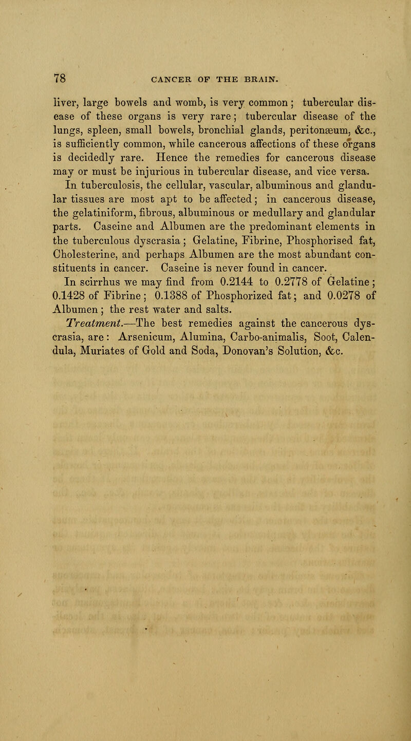 liver, large bowels and womb, is very common ; tubercular dis- ease of these organs is very rare; tubercular disease of the lungs, spleen, small bowels, bronchial glands, peritonaeum, &c., is sufficiently common, while cancerous affections of these organs is decidedly rare. Hence the remedies for cancerous disease may or must be injurious in tubercular disease, and vice versa. In tuberculosis, the cellular, vascular, albuminous and glandu- lar tissues are most apt to be affected; in cancerous disease, the gelatiniform, fibrous, albuminous or medullary and glandular parts. Caseine and Albumen are the predominant elements in the tuberculous dyscrasia; Gelatine, Fibrine, Phosphorised fat, Cholesterine, and perhaps Albumen are the most abundant con- stituents in cancer. Caseine is never found in cancer. In scirrhus we may find from 0.2144 to 0.2778 of Gelatine; 0.1428 of Fibrine; 0.1388 of Phosphorized fat; and 0.0278 of Albumen ; the rest water and salts. Treatment.—The best remedies against the cancerous dys- crasia, are: Arsenicum, Alumina, Carbo-animalis, Soot, Calen- dula, Muriates of Gold and Soda, Donovan's Solution, (fee.