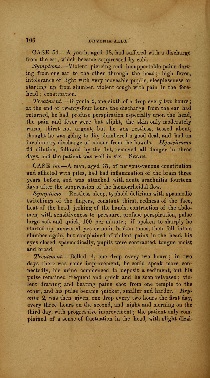 CASE 54.—A youth, aged 18, had suffered with a discharge from the ear, which became suppressed by cold. Symptoms.—Violent piercing and insupportable pains dart- ing from one ear to the other through the head; high fever, intolerance of light with very moveable pupils, sleeplessness or starting up from slumber, violent cough with pain in the fore- head ; constipation. Treatment.—Bryonia 2, one-sixth of a drop every two hour3; at the end of twenty-four hours the discharge from the ear had returned, he had profuse perspiration especially upon the head, the pain and fever were but slight, the skin only moderately warm, thirst not urgent, but he was restless, tossed about, thought he was going to die, slumbered a good deal, and had an involuntary discharge of mucus from the bowels. Hyosciamus 2d dilution, followed by the 1st, removed all danger in three days, and the patient was well in six.—Segin. CASE 55.—A man, aged 3T, of nervous-venous constitution and afflicted with piles, had had inflammation of the brain three years before, and was attacked with acute arachnitis fourteen days after the suppression of the hsemorrhoidal flow. Symptoms.—Restless sleep, typhoid delirium with spasmodic twitchings of the fingers, constant thirst, redness of the face, heat of the head, jerking of the hands, contraction of the abdo- men, with sensitiveness to pressure, profuse perspiration, pulse large soft and quick, 100 per minute; if spoken to sharply he started up. answered yes or no in broken tones, then fell into a slumber again, but complained of violent pains in the head, his eyes closed spasmodically, pupils were contracted, tongue moist and broad. Treatment.—Bellad. 4, one drop every two hours; in two days there was some improvement, he could speak more con- nectedly, his urine commenced to deposit a sediment, but his pulse remained frequent and quick and he soon relapsed; vio- lent drawing and beating pains shot from one temple to the other, .and his pulse became quicker, smaller and harder. Bry- onia 2, was then given, one drop every two hours the first day, every three hours on the second, and night and morning on the third day, with progressive improvement; the patient only com- plained of a sense of fluctuation in the head, with slight dizzi-