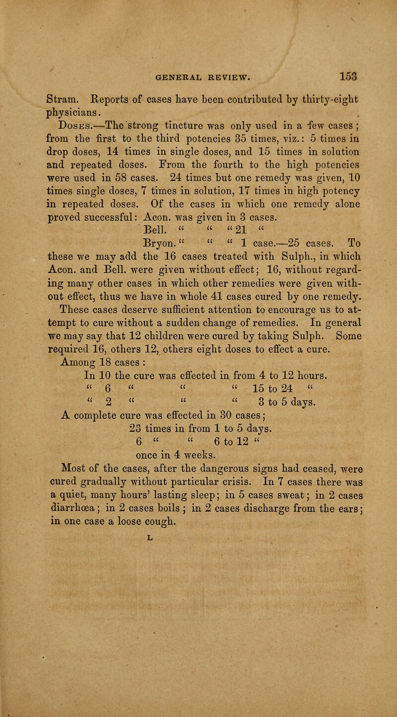 Stram. Reports of cases have been contributed by thirty-eight physicians. Doses.—The strong tincture was only used in a few cases ; from the first to the third potencies 35 times, viz.: 5 times in drop doses, 14 times in single doses, and 15 times in solution and repeated doses. From the fourth to the high potencies were used in 58 cases. 24 times but one remedy was given, 10 times single doses, 7 times in solution, 17 times in high potency in repeated doses. Of the cases in which one remedy alone proved successful: Aeon, was given in 3 cases. Bell.   21  Bryon.   1 case.—25 cases. To these we may add the 16 cases treated with Sulph., in which Aeon, and Bell, were given without effect; 16, without regard- ing many other cases in which other remedies were given with- out effect, thus we have in whole 41 cases cured by one remedy. These cases deserve sufficient attention to encourage us to at- tempt to cure without a sudden change of remedies. In general we may say that 12 children were cured by taking Sulph. Some required 16, others 12, others eight doses to effect a cure. Among 18 cases : In 10 the cure was effected in from 4 to 12 hours.  6    15 to 24   2    3 to 5 days. A complete cure was effected in 30 cases; 23 times in from 1 to 5 days. 6  6 to 12  once in 4 weeks. Most of the cases, after the dangerous signs had ceased, were cured gradually without particular crisis. In 7 cases there was a quiet, many hours' lasting sleep; in 5 cases sweat; in 2 cases diarrhoea; in 2 cases boils j in 2 cases discharge from the ears; in one case a loose cough.