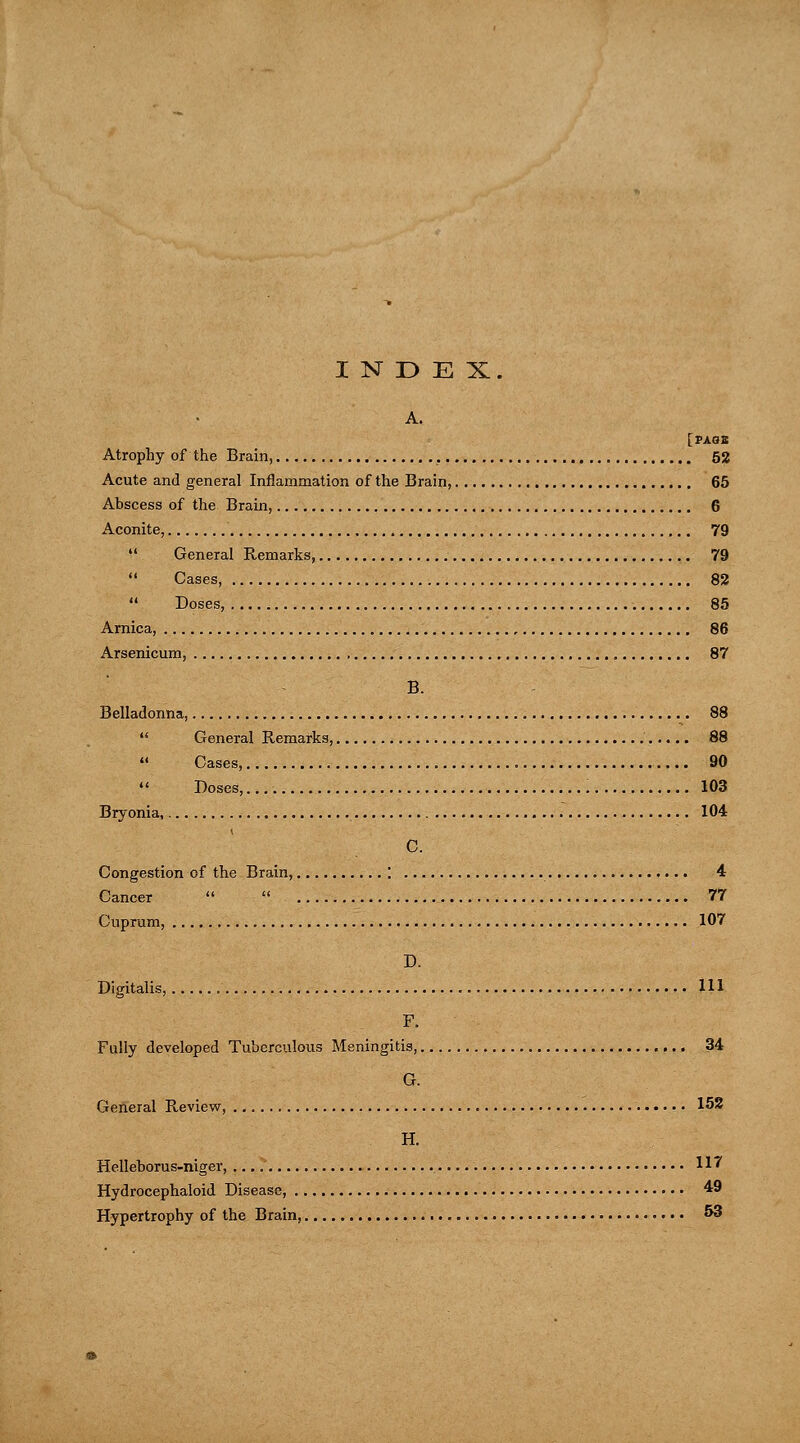 INDEX. A. [PASS Atrophy of the Brain, 52 Acute and general Inflammation of the Brain, 65 Abscess of the Brain, 6 Aconite, 79  General Remarks, 79  Cases, 82  Doses, 85 Arnica, , 86 Arsenicum, 87 B. Belladonna, 88  General Remarks, 88  Cases, 90 Doses, 103 Bryonia, 104 Congestion of the Brain, ; 4 Cancer   77 Cuprum, 107 D. Digitalis, Ill F. Fully developed Tuberculous Meningitis, 34 G. General Review, 152 H. Helleborus-niger, 117 Hydrocephaloid Disease, 49 Hypertrophy of the Brain, 53