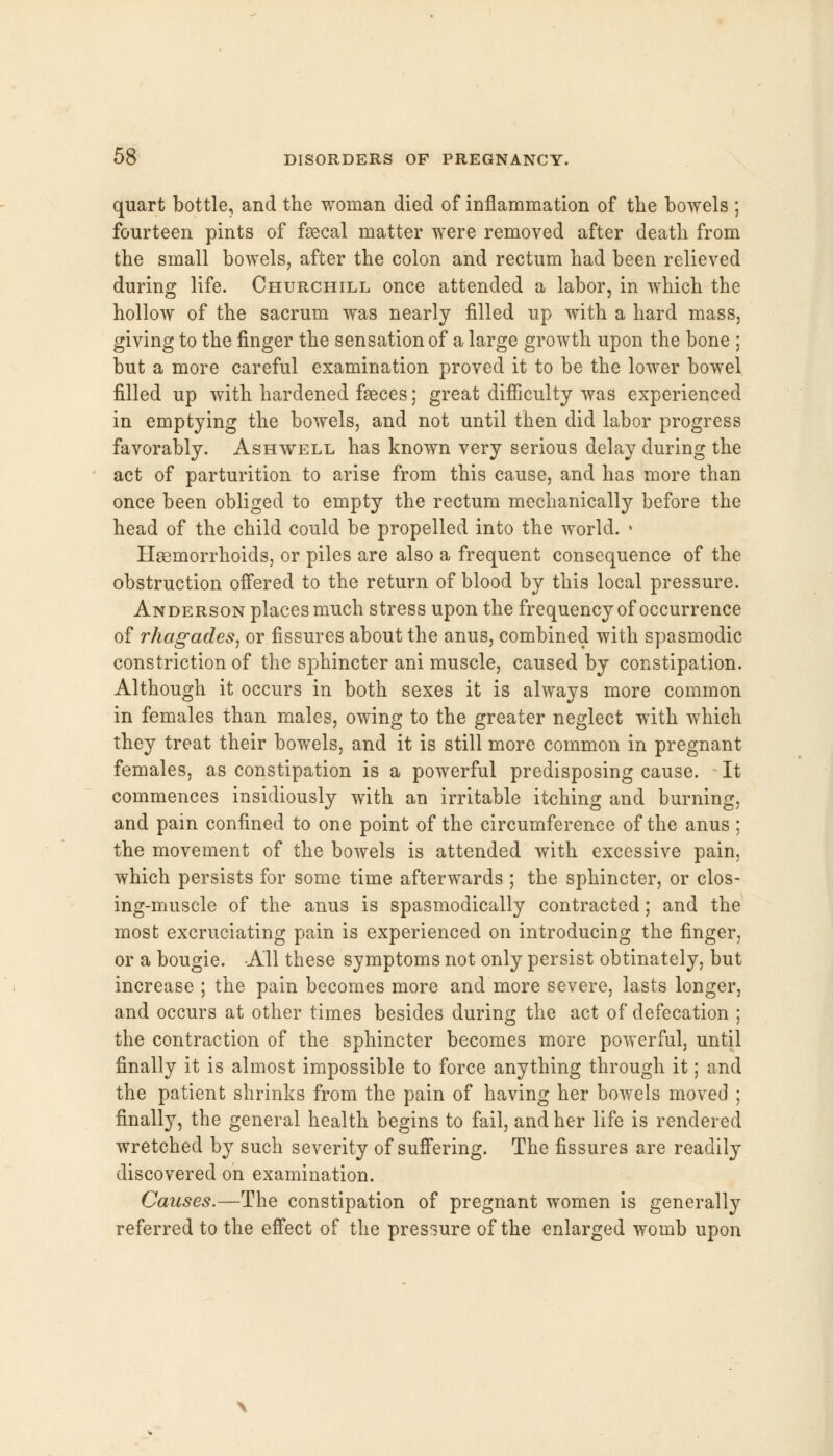 quart bottle, and the woman died of inflammation of the bowels ; fourteen pints of faecal matter were removed after death from the small bowels, after the colon and rectum had been relieved during life. Churchill once attended a labor, in which the hollow of the sacrum was nearly filled up with a hard mass, giving to the finger the sensation of a large growth upon the bone ; but a more careful examination proved it to be the lower bowel filled up with hardened faeces; great difficulty was experienced in emptying the bowels, and not until then did labor progress favorably. Ashwell has known very serious delay during the act of parturition to arise from this cause, and has more than once been obliged to empty the rectum mechanically before the head of the child could be propelled into the world. • Haemorrhoids, or piles are also a frequent consequence of the obstruction offered to the return of blood by this local pressure. Anderson places much stress upon the frequency of occurrence of rhagades, or fissures about the anus, combined with spasmodic constriction of the sphincter ani muscle, caused by constipation. Although it occurs in both sexes it is always more common in females than males, owing to the greater neglect with which they treat their bowels, and it is still more common in pregnant females, as constipation is a powerful predisposing cause. It commences insidiously with an irritable itching and burning, and pain confined to one point of the circumference of the anus ; the movement of the bowels is attended with excessive pain, which persists for some time afterwards ; the sphincter, or clos- ing-muscle of the anus is spasmodically contracted; and the most excruciating pain is experienced on introducing the finger, or a bougie. All these symptoms not only persist obtinately, but increase ; the pain becomes more and more severe, lasts longer, and occurs at other times besides during the act of defecation ; the contraction of the sphincter becomes more powerful, until finally it is almost impossible to force anything through it; and the patient shrinks from the pain of having her bowels moved ; finally, the general health begins to fail, and her life is rendered wretched by such severity of suffering. The fissures are readily discovered on examination. Causes.—The constipation of pregnant women is generally referred to the effect of the pressure of the enlarged womb upon