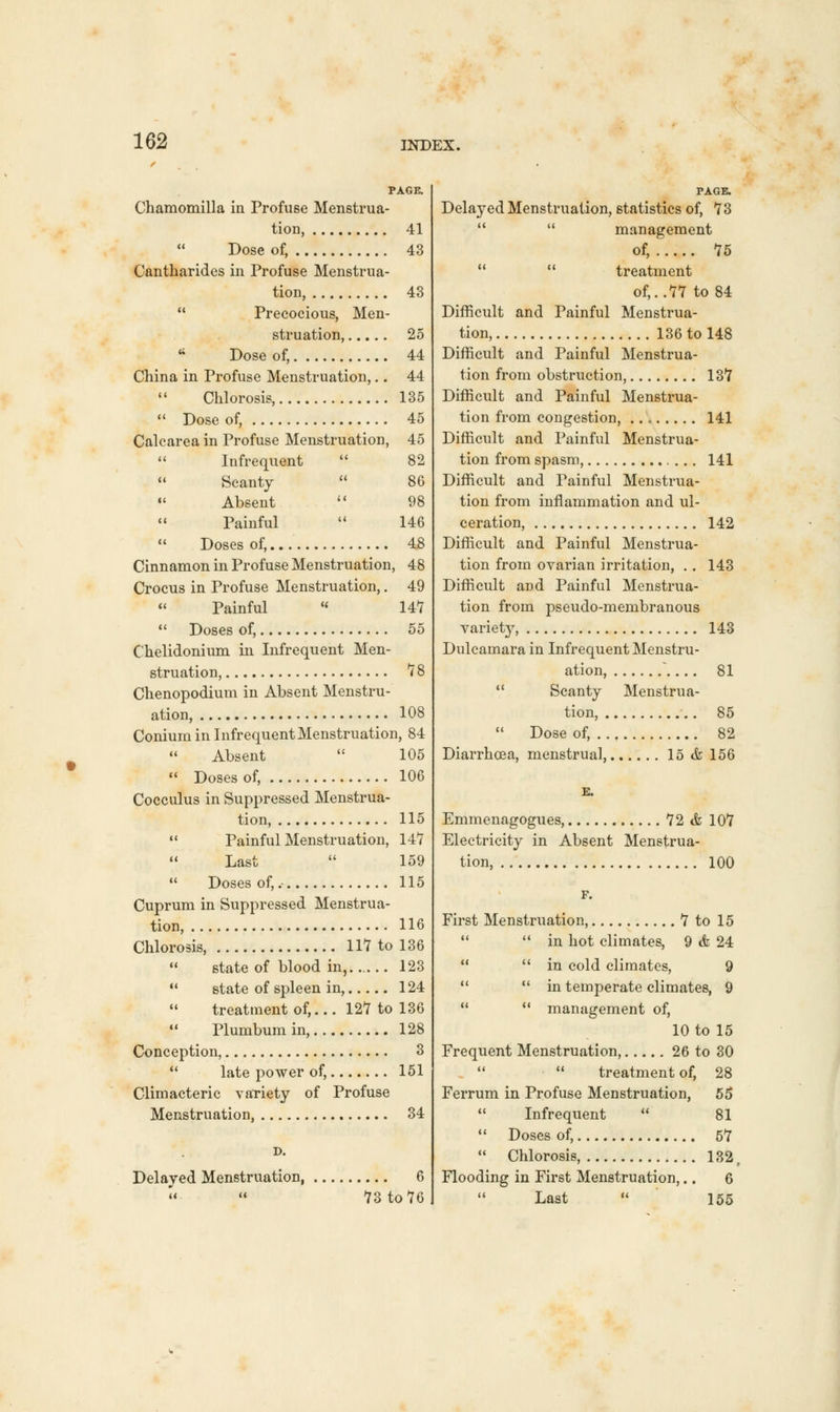 PAGE. Chamomilla in Profuse Menstrua- tion, 41 Dose of, 43 Cantharides in Profuse Menstrua- tion, 43  Precocious, Men- struation, 25 * Dose of, 44 China in Profuse Menstruation,.. 44 Chlorosis, 135  Dose of, 45 Calcarea in Profuse Menstruation, 45 Infrequent  82 Scanty  86 Absent  98 Painful  146  Doses of, 48 Cinnamon in Profuse Menstruation, 48 Crocus in Profuse Menstruation,. 49 « Painful « 147  Doses of, 55 Chelidonium in Infrequent Men- struation, 78 Chenopodium in Absent Menstru- ation, 108 Conium in Infrequent Menstruation, 84 Absent  105  Doses of, 106 Cocculus in Suppressed Menstrua- tion, 115  Painful Menstruation, 147 Last  159  Doses of,.- 115 Cuprum in Suppressed Menstrua- tion, 116 Chlorosis, 1 IT to 136  state of blood in,. 123  state of spleen in, 124 treatment of,... 127 to 136 Plumbum in, 128 Conception, 3  late power of, 151 Climacteric variety of Profuse Menstruation, 34 d. Delayed Menstruation 6   73 to 76 rAGE. Delayed Menstruation, statistics of, 73   management of, 75  treatment of,..77 to 84 Difficult and Painful Menstrua- tion, 136 to 148 Difficult and Painful Menstrua- tion from obstruction, 137 Difficult and Painful Menstrua- tion from congestion, 141 Difficult and Painful Menstrua- tion from spasm, 141 Difficult and Painful Menstrua- tion from inflammation and ul- ceration, 142 Difficult and Painful Menstrua- tion from ovarian irritation, .. 143 Difficult and Painful Menstrua- tion from pseudo-membranous variety, 143 Dulcamara in Infrequent Menstru- ation, 81  Scanty Menstrua- tion, 85  Dose of, 82 Diarrhoea, menstrual, 15 & 156 £. Emmenagogues, 72 & 107 Electricity in Absent Menstrua- tion, 100 F. First Menstruation, 7 to 15   in hot climates, 9 & 24 11  in cold climates, 9   in temperate climates, 9   management of, 10 to 15 Frequent Menstruation, 26 to 30  treatment of, 28 Ferrum in Profuse Menstruation, 55  Infrequent  81  Doses of, 57  Chlorosis, 132, Flooding in First Menstruation,.. 6 Last  155
