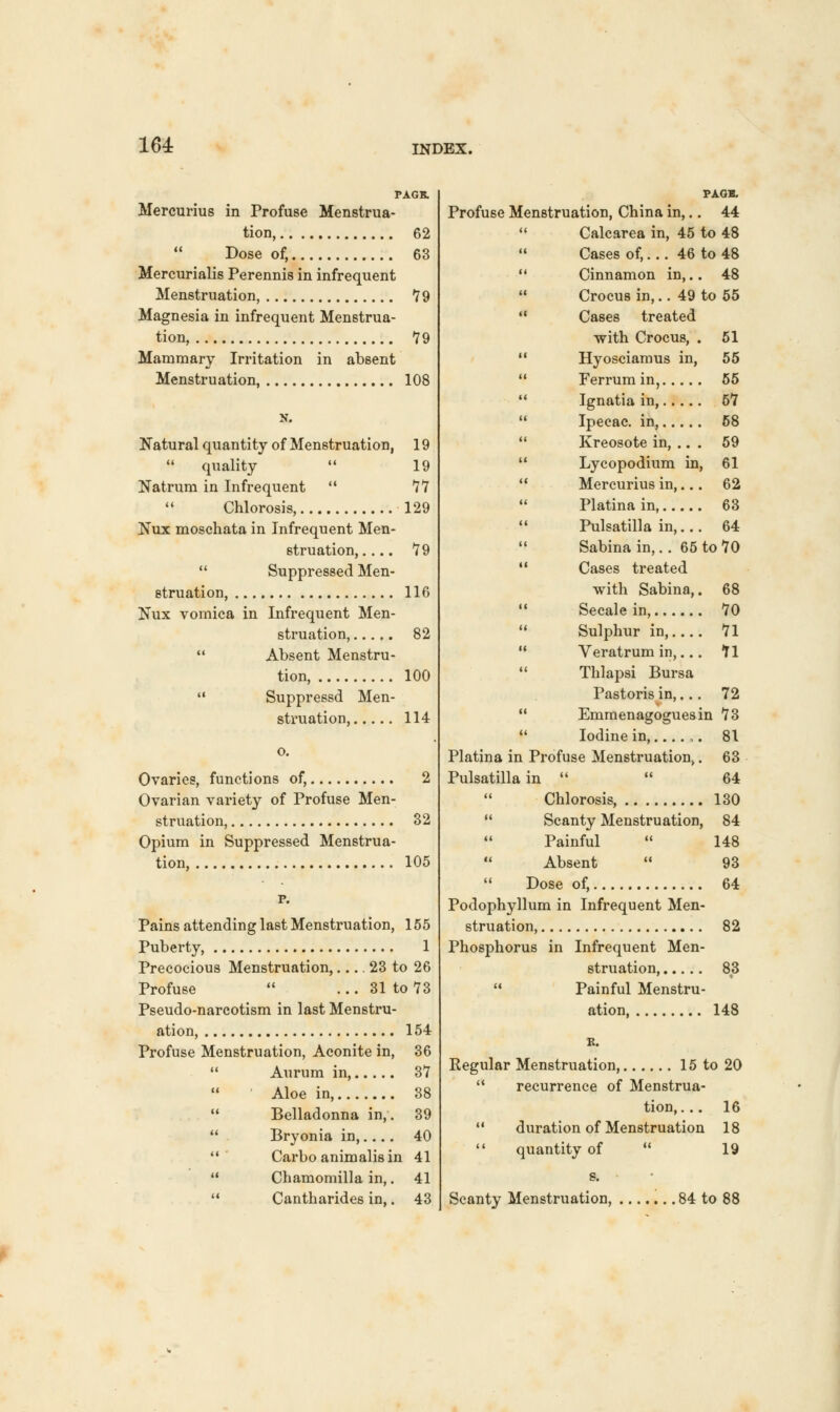 PAGK. Mercurius in Profuse Menstrua- tion, 62  Dose of, 63 Mercurialis Perennis in infrequent Menstruation, 79 Magnesia in infrequent Menstrua- tion, 79 Mammary Irritation in absent Menstruation, 108 Natural quantity of Menstruation, 19 quality  19 Nat rum in Infrequent  77  Chlorosis, 129 Nux moschata in Infrequent Men- struation, .... 79  Suppressed Men- struation, 116 Nux vomica in Infrequent Men- struation, 82  Absent Menstru- tion, 100  Suppressd Men- struation, 114 o. Ovaries, functions of, 2 Ovarian variety of Profuse Men- struation, 32 Opium in Suppressed Menstrua- tion, 105 p. Pains attending last Menstruation, 155 Puberty, 1 Precocious Menstruation,.... 23 to 26 Profuse  ... 31 to 73 Pseudo-narcotism in last Menstru- ation, 154 Profuse Menstruation, Aconite in, 36  Aurum in, 37  Aloe in, 38  Belladonna in,. 39  Bryonia in,.... 40  Carbo animalis in 41  Chamomilla in,. 41  Cantharides in,. 43 PAGB. Profuse Menstruation, China in,.. 44 Calcarea in, 45 to 48 Cases of,... 46 to 48 Cinnamon in,.. 48 Crocus in,.. 49 to 55 Cases treated with Crocus, . 51 Hyosciamus in, 55 Ferrumin, 55 Ignatia in, 57 Ipecac, in, 58 Kreosote in, .. . 59 Lycopodium in, 61 Mercurius in,... 62 Platina in 63 Pulsatilla in,... 64 Sabina in,.. 65 to 70 Cases treated with Sabina,. 68 Secale in, 70 Sulphur in, 71 Veratrum in,... 71 Thlapsi Bursa Pastoris in,... 72 Emmenagoguesin 73 Iodine in,.... ,. 81 Platina in Profuse Menstruation,. 63 Pulsatilla in   64 Chlorosis, 130 Scanty Menstruation, 84 Painful  148 Absent  93 Dose of, 64 Podophyllum in Infrequent Men- struation, 82 Phosphorus in Infrequent Men- struation, 83  Painful Menstru- ation, 148 R. Regular Menstruation, 15 to 20  recurrence of Menstrua- tion,. .. 16  duration of Menstruation 18  quantity of  19 s. Scanty Menstruation, 84 to 88