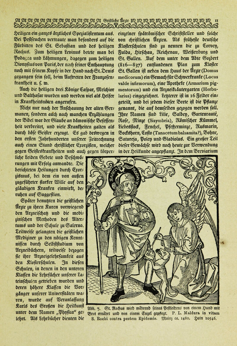 ®eifttict>e tntt ^eiligen ein gan$e$ drjtlicbeS ©pejialiffentum autf. Sei $pe|tTeutf)en »ertraute man befonberä auf bie Silrbitfen bei* ©f. ©ebafiian unb bei Zeitigen 3locr)u$. 3««n heiligen Seöinuä betete man bei $Pobaf,ra unt) Sdbmungen, bagegen jum heiligen Sionnftuötton <parte,bcr nach feinet dntbauptung noeb mit feinem ftopfe in ber #anb nacb@t.£)eni$ gegangen fein foll, beim auftreten ber granjofen* frantbeit u. f.w. 2(ucb bie ^eiligen brei Äßnige Safpar, SiKelcbior unb SSaltbafar würben unb »erben t>iel alä Reifer in Äran^eitönöten angerufen. Sßicbt nur nacb ber 2lnfd)auung ber alten ©er* manen, fonbern aueb nacb mannen grjdblungen ber 25ibel war ber ©laube an bdmonifebe SBefeffen* beit öerbreifet, unb öiele Äranfbetten galten aß bureb böfe ©eifier erzeugt. <£# sab belegen in ben erften 3fabrbunberten unferer Seitrecbnung aueb einen ©tanb cbrifflicber <£rorji(len, welcher gegen @ei|te£franfbeitcn unb auefy gegen förper* liebe fieiben &ebete unb 25efcbwcV rungen mit (Erfolg anwanbte^ ©ie berichteten Teilungen bureb (Sror; $imui, bei bem ein t>on außen jugefäbrter Hattet SSBiüe auf ben gläubigen Äranfen einwirft, be* rufjen auf ©uggefiion. ©pdfer benutzten bie geifllicben 2lr$fe ju ibren Auren »orwicgenb ben 3trjneifct)o§ unb bie mebu jinifeben SSKetboben bei Wltett tum£ unb ber ©cbule ju ©alerno. Seilweife gelangten bie geifflicben SKebijiner ju ben nötigen Äennt; niffen burd) ©elbjlftubium t>on 2lrjneibficbem, teilweife bejogen f!e ihre Slrjneigele&rfamfcit aui ben Älofterfcbulen. 3n biefen ©cbulen, in benen in ben unteren Älafjen bie Sebrfdcber unferer £a< teinfcbulcn getrieben würben unb beren böbere Älajfen bie 58or* gdnger unferer Unwerfttdten wat ren, würbe auf 23eranla(fung Äarte bei ©roßen bie £eilrun|1 unter bem tarnen „^bpftca ge* lebrt. 211$ Sebrbficber bienfen bie einjelner fpdträmifcber ©cbriftfteller unb fold)e pon cbrifilicben Slrjten. 2(1$ frübefte beutfebe Äloflerfcbulen ftnb $u nennen bie ju <Sort>en, §ulba, i?trfcbau, SKeicbenau, SSSeifenburg unb ©t. ©allen. 2luf bem unter bem 2lbte ©ojbert (816—837) enfjlanbenen ^Jlan jum Älofier ©t. ©allen if? neben bem £au$ ber SÄrjte (Domus medicorum) ein ©emacb für ©cbwerfranf e (Locus valde infirmorum), eine 2lpotf)efe (Armarium pig- mentorum) unb ein 2lrjneittdufergarten (Herbu- larius) eingezeichnet. Segfercr ifi in 16 Selber ein* geteilt, unb bei jebem biefer SSeete ifi bie SPffonje genannt, bie auf bemfelben gejogen werben foll. 3hre Sßamen ftnb fiilie, ©alben, ©artenraute, Ütofe, ^Kinje (Sisymbria), SJömifcber ßfimmel, ßiebeöffotf, gjencbel, ^Jfefterminje, DioJmarin, 33ocf$bom, Soffo (Tanacetumbalsamita?), 25ot)ne, ©atureja, ^5ole» unb @labiolu& Sin großer Seil biefer ©ewdcbfe wirb nod) beute jur 2>erwenbung in ber #eiltunbe angepflanjf. 3n bem SSreüiarium 21bb. 7. @t. Slocbu« roirl) roäbrenb fein« qjeftteitend »on einem J£mnt> mit !8rot ernährt uno »on einem €ngel gepflegt. V. L. Maldura in vitam S. Bochi contra pestem Epidemie. SWninj ca. 1480. Jpain 10546,