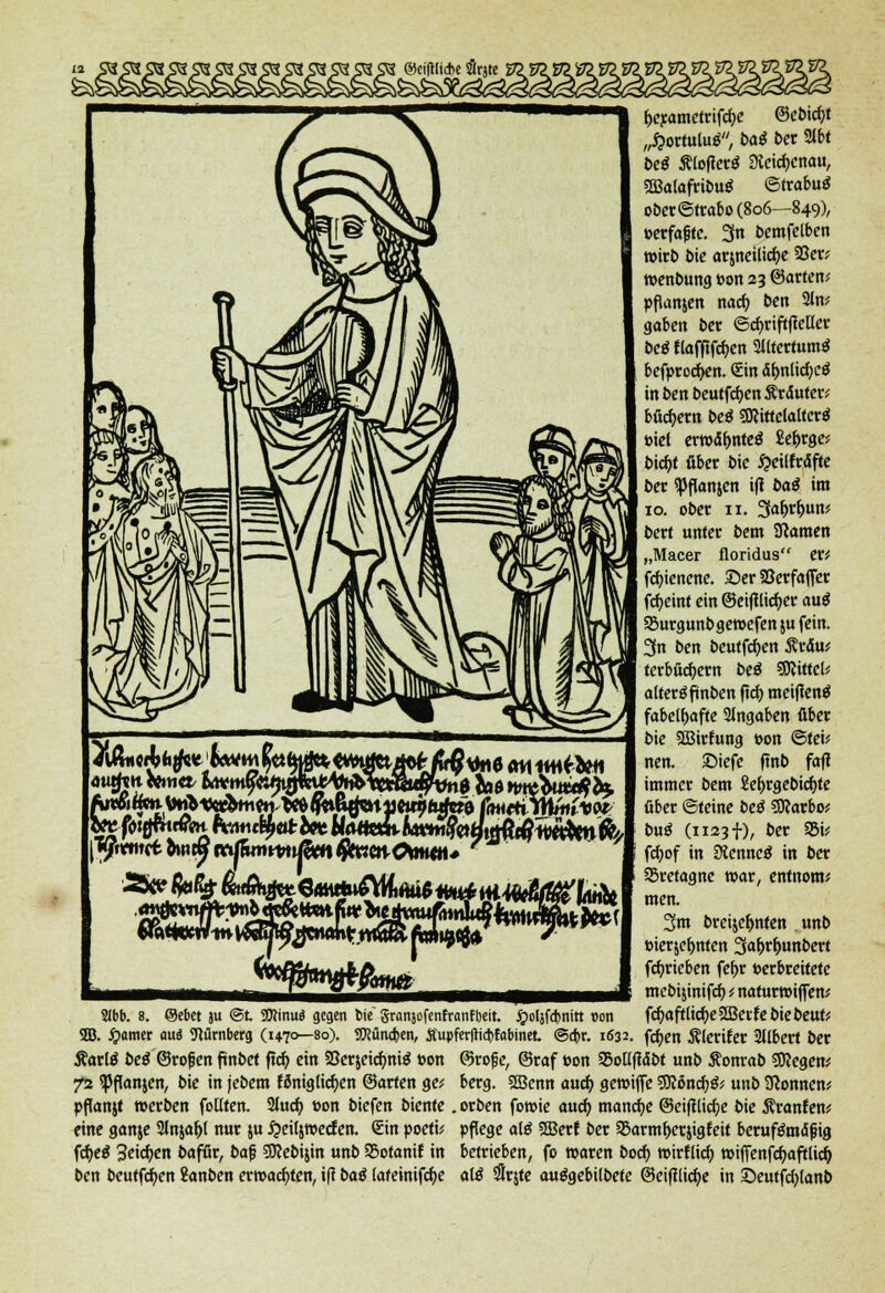 fo ÄCf fo% & «filmet 6Attrtn6YW»m»$ **t* ,h 2Ibb. 8. ©ebet ju ®t 35?inu« gegen bie granjefenfranfbeit. jQoljfcbnitt von SB. jjamer au« Nürnberg (1470—80). SOJündjen, Äupfer(tid)fabinet @a)r. 1632. Savlß beß ©rofien ftnbet ftd) ein 95crjetc^niö t-on 72 <Pftanjen, bie in jebem Wmglicfyen ©arten ge? pftonjt werben foütcn. 2lucfy »on tiefen biente eine ganje 2ln$af)i nur ju £ei($wecien. (Sin pocti? fd)e$ Setc^cn bafür, ba|j 9Rebi$in unb SSotanif in ben beutfcfyen 2anben erwachten, ifi baß (afeinifcfye f>erametrifd)e ©cbidjt ÄttOtiür, baß ber 2lbt be$ Äloflerä 3icid)enau, SBalafribuS ©trabuä ober@trabo (806—849), t-erfagte. 3n bemfelben wirb bie arjneilicfye 33er? wenbung »on 23 ©arten? pfianjen nad) ben 2ln? gaben ber ©djriftfieu'er bc$ tlafftfdjen 2lltertum$ befprocfyen. (Ein df>nticf)Cö in ben beutfdjen Kräuter* büdjern beß SDIirtelattcrä »iel erwä&nteä fie&rge? bid>f über bie $eilfräfte ber «ppanjen ift baß im 10. ober 11. 3ai>rfoun? bert unter bem Sftaroen „Macer floridus er? fduenene. ©er SSerfajfer fd)eint ein ©eifilicfyer au$ 23urgunbgewefen $u fein. 2fn ben beutfd)en $r<Su? terbüdjern beß WtittcU altera jünben ftd) meifientf fabelhafte Angaben über bie 3Birfung »on @tei? nen. Siefe ftnb faß immer bem Se&rgcbidjte über Steine beß SSRarbo? büß (1123 t), ber 35t? fd)of in SÄenncö in ber ^Bretagne war, entnom? men. 3m brci&efjnten unb »ierjefmten 3af>rf>unbert fcfyrieben fef>r »erbreitete mcbiunifd) ? naturwiffen? fd)aft(icf)e2Berfe bie beut? fetyen Äleriter Sllbert ber ©rofe, ©raf r>on 33oK(!dbt unb ftonrab Pflegen? berg. SBcnn aud) gewiffe SBWnd)^? unb Tonnen? orben fott>ie aud) manche ©eiftlidje bie ßranfen? pflege alß SBerf ber 53armf>er$igfeit berufsmäßig betrieben, fo waren bod) wirflid) wiffenfdjaftlid) alß #rjte auggebilbete ©eifilid)e in £eutfd)lanb ton m ,