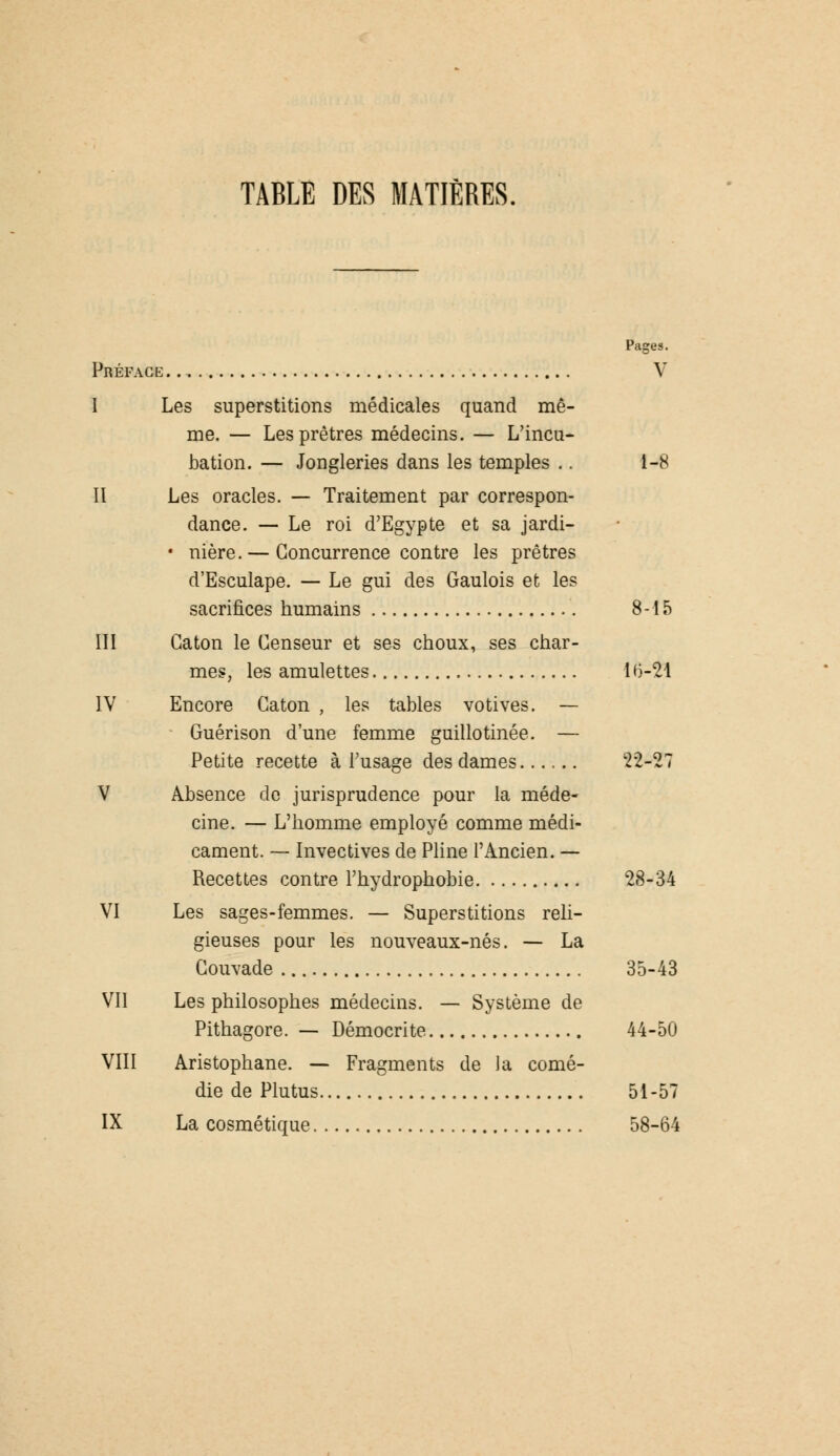 TABLE DES MATIÈRES. Pages. Préface V I Les superstitions médicales quand mê- me. — Les prêtres médecins. — L'incu- bation. — Jongleries dans les temples .. 1-8 II Les oracles. — Traitement par correspon- dance. — Le roi d'Egypte et sa jardi- • nière. — Concurrence contre les prêtres d'Esculape. — Le gui des Gaulois et les sacrifices humains 8-15 III Gaton le Censeur et ses choux, ses char- mes, les amulettes 1*5-21 IV Encore Gaton , les tables votives. — Guérison d'une femme guillotinée. — Petite recette à l'usage des dames 22-27 V Absence de jurisprudence pour la méde- cine. — L'homme employé comme médi- cament. — Invectives de Pline l'Ancien. — Recettes contre l'hydrophobie 28-34 VI Les sages-femmes. — Superstitions reli- gieuses pour les nouveaux-nés. — La Gouvade 35-43 VII Les philosophes médecins. — Système de Pithagore. — Démocrite 44-50 VIII Aristophane. — Fragments de la comé- die de Plutus 51-57 IX La cosmétique 58-64