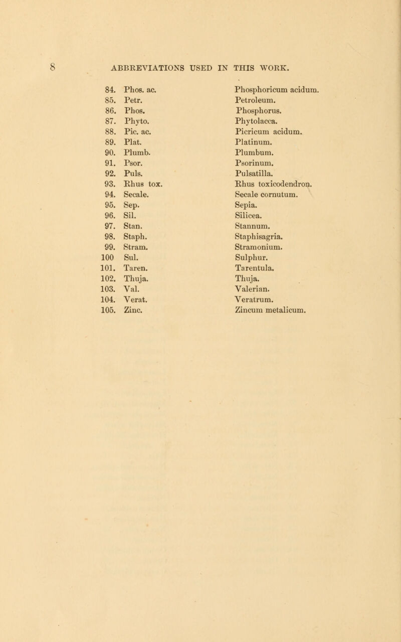 84. Phos. ac. 85. Petr. 86. Phos. 87. Phyto. 88. Pic. ac. 89. Plat. 90. Plumb. 91. Psor. 92. Puis. 93. Ehus tox. 94. Secale. 95. Sep. 96. Sil. 97. Stan. 98. Staph. 99. Stram. 100 Sul. 101. Taren. 102. Thuja. 103. Val. 104. Verat. 105. Zinc. Phosphoricum acidum. Petroleum. Phosphorus. Phytolacca. Picricum acidum. Platinum. Plumbum. Psorinum. Pulsatilla. Rhus toxicodendron. Secale cornutum. Sepia. Silicea. Stannum. Staphisagria. Stramonium. Sulphur. Tarentula. Thuja. Valerian. Veratrum. Zincum metalicum.