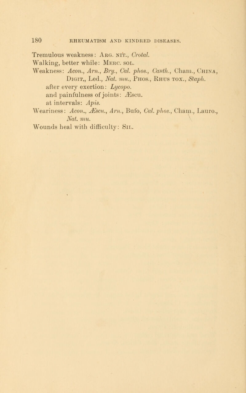 Tremulous weakness: Arg. nit., Crotal. Walking, better while: Merc. sol. Weakness: Aeon., Am., Bry., Cat. pJios., Canih., Cham., China, Digit., Led., Nat. mu., Phos., Rhus tox., Staph. after every exertion: Lycopo. and painfulness of joints: JEscu. at intervals: Apis. Weariness: Aeon., jEscil, Am., Bulb, Cal. phos., Cham., Lauro., Nat. mu. Wounds heal with difficulty: Sil.