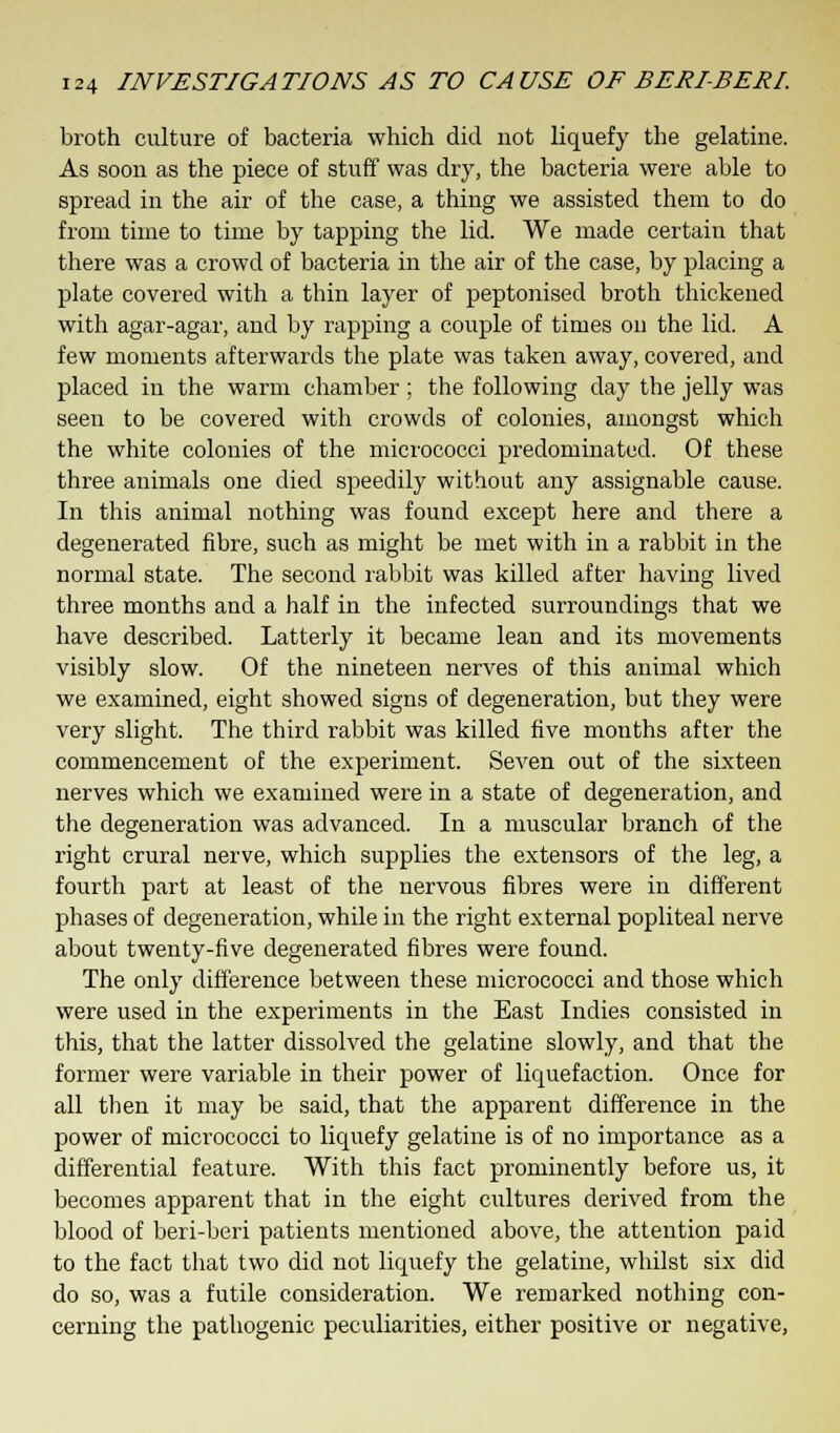 broth culture of bacteria which did not liquefy the gelatine. As soon as the piece of stuff was dry, the bacteria were able to spread in the air of the case, a thing we assisted them to do from time to time by tapping the lid. We made certain that there was a crowd of bacteria in the air of the case, by placing a plate covered with a thin layer of peptonised broth thickened with agar-agar, and by rapping a couple of times on the lid. A few moments afterwards the plate was taken away, covered, and placed in the warm chamber; the following day the jelly was seen to be covered with crowds of colonies, amongst which the white colonies of the micrococci predominated. Of these three animals one died speedily without any assignable cause. In this animal nothing was found except here and there a degenerated fibre, such as might be met with in a rabbit in the normal state. The second rabbit was killed after having lived three months and a half in the infected surroundings that we have described. Latterly it became lean and its movements visibly slow. Of the nineteen nerves of this animal which we examined, eight showed signs of degeneration, but they were very slight. The third rabbit was killed five months after the commencement of the experiment. Seven out of the sixteen nerves which we examined were in a state of degeneration, and the degeneration was advanced. In a muscular branch of the right crural nerve, which supplies the extensors of the leg, a fourth part at least of the nervous fibres were in different phases of degeneration, while in the right external popliteal nerve about twenty-five degenerated fibres were found. The only difference between these micrococci and those which were used in the experiments in the East Indies consisted in this, that the latter dissolved the gelatine slowly, and that the former were variable in their power of liquefaction. Once for all then it may be said, that the apparent difference in the power of micrococci to liquefy gelatine is of no importance as a differential feature. With this fact prominently before us, it becomes apparent that in the eight cultures derived from the blood of beri-beri patients mentioned above, the attention paid to the fact that two did not liquefy the gelatine, whilst six did do so, was a futile consideration. We remarked nothing con- cerning the pathogenic peculiarities, either positive or negative,