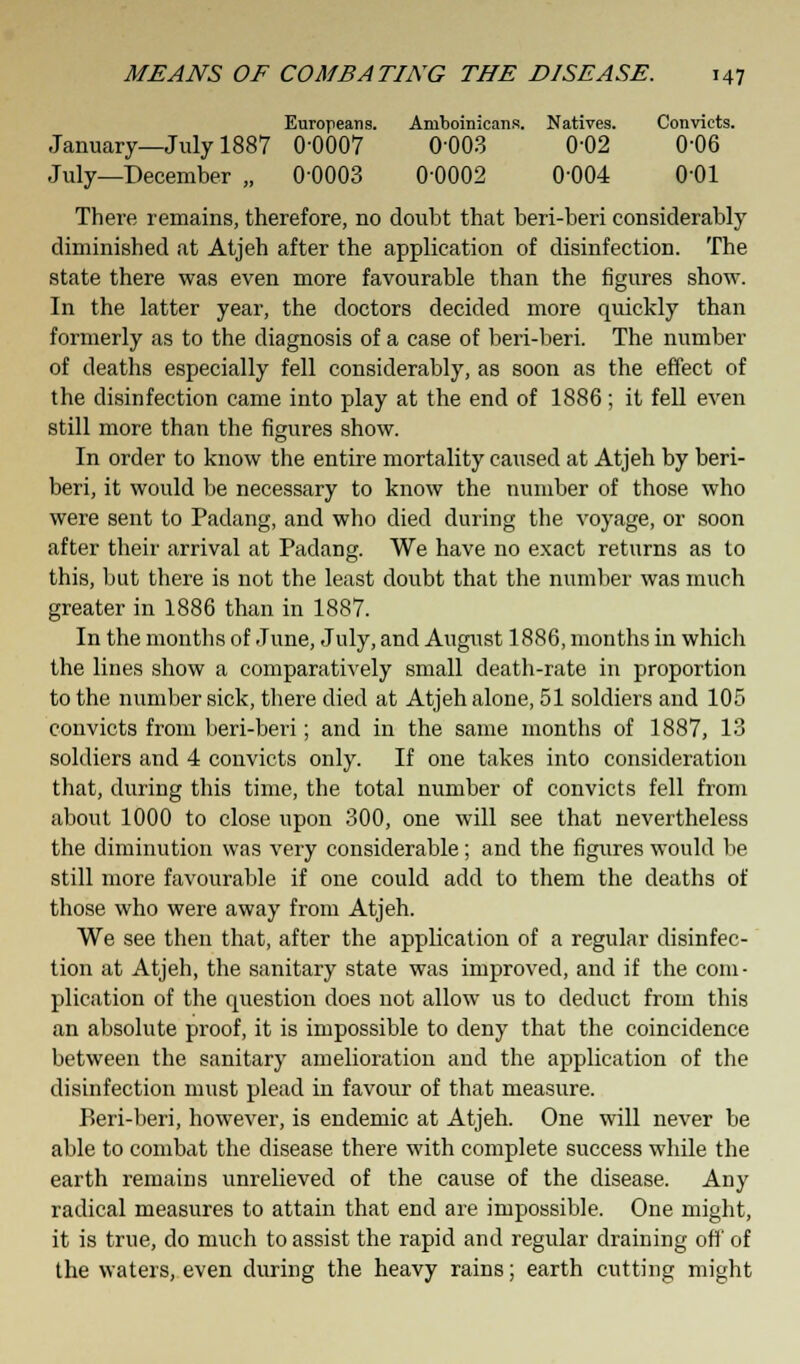 Europeans. Ainboinicans. Natives. Convicts. January—July 1887 0-0007 0003 0-02 0-06 July—December „ 0-0003 0-0002 0004 o-oi There remains, therefore, no doubt that beri-beri considerably diminished at Atjeh after the application of disinfection. The state there was even more favourable than the figures show. In the latter year, the doctors decided more quickly than formerly as to the diagnosis of a case of beri-beri. The number of deaths especially fell considerably, as soon as the effect of the disinfection came into play at the end of 1886 ; it fell even still more than the figures show. In order to know the entire mortality caused at Atjeh by beri- beri, it would be necessary to know the number of those who were sent to Padang, and who died during the voyage, or soon after their arrival at Padang. We have no exact returns as to this, but there is not the least doubt that the number was much greater in 1886 than in 1887. In the months of June, July, and August 1886, months in which the lines show a comparatively small death-rate in proportion to the number sick, there died at Atjeh alone, 51 soldiers and 105 convicts from beri-beri; and in the same months of 1887, 13 soldiers and 4 convicts only. If one takes into consideration that, during this time, the total number of convicts fell from about 1000 to close upon 300, one will see that nevertheless the diminution was very considerable; and the figures would be still more favourable if one could add to them the deaths of those who were away from Atjeh. We see then that, after the application of a regular disinfec- tion at Atjeh, the sanitary state was improved, and if the com- plication of the question does not allow us to deduct from this an absolute proof, it is impossible to deny that the coincidence between the sanitary amelioration and the application of the disinfection must plead in favour of that measure. Beri-beri, however, is endemic at Atjeh. One will never be able to combat the disease there with complete success while the earth remains unrelieved of the cause of the disease. Any radical measures to attain that end are impossible. One might, it is true, do much to assist the rapid and regular draining off of the waters, even during the heavy rains; earth cutting might