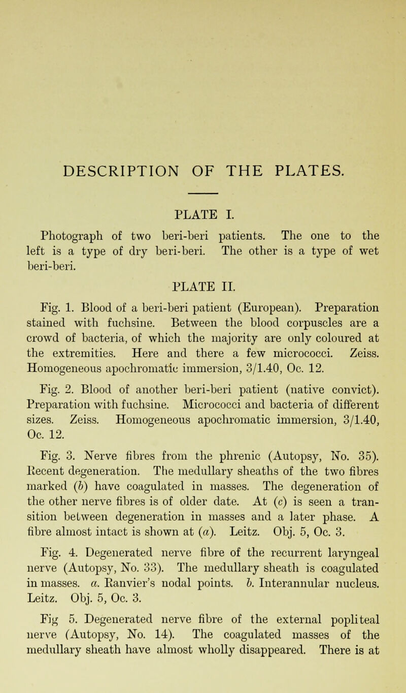 PLATE I. Photograph of two beri-beri patients. The one to the left is a type of dry beri-beri. The other is a type of wet beri-beri. PLATE II. Fig. 1. Blood of a beri-beri patient (European). Preparation stained with fuchsine. Between the blood corpuscles are a crowd of bacteria, of which the majority are only coloured at the extremities. Here and there a few micrococci. Zeiss. Homogeneous apochromatic immersion, 3/1.40, Oc. 12. Fig. 2. Blood of another beri-beri patient (native convict). Preparation with fuchsine. Micrococci and bacteria of different sizes. Zeiss. Homogeneous apochromatic immersion, 3/1.40, Oc. 12. Fig. 3. Nerve fibres from the phrenic (Autopsy, No. 35). Recent degeneration. The medullary sheaths of the two fibres marked (b) have coagulated in masses. The degeneration of the other nerve fibres is of older date. At (c) is seen a tran- sition between degeneration in masses and a later phase. A fibre almost intact is shown at (a). Leitz. Obj. 5, Oc. 3. Fig. 4. Degenerated nerve fibre of the recurrent laryngeal nerve (Autopsy, No. 33). The medullary sheath is coagulated in masses, a. Eanvier's nodal points, b. Interannular nucleus. Leitz. Obj. 5, Oc. 3. Fig 5. Degenerated nerve fibre of the external popliteal nerve (Autopsy, No. 14). The coagulated masses of the medullary sheath have almost wholly disappeared. There is at