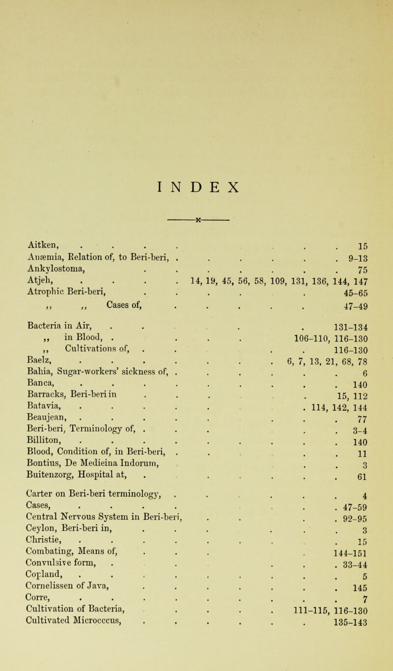 INDEX Aitken, Antemia, Relation of, to Beri-beri, Ankylostonia, Atjeh, Atrophic Beri-beri, ,, ,, Cases of, Bacteria in Air, ,, in Blood, . ,, Cultivations of, Baelz, Baliia, Sugar-workers' sickness of, Banca, Barracks, Beri-beri in Batavia, Beaujean, Beri-beri, Terminology of, . Billiton, Blood, Condition of, in Beri-beri, Bontius, De Medieina Indorum, Buitenzorg, Hospital at, Carter on Beri-beri terminology, Cases, Central Nervous System in Beri-ber Ceylon, Beri-beri in, Christie, Combating, Means of, Convulsive form, Copland, Cornelissen of Java, Corre, Cultivation of Bacteria, Cultivated Microcccus, 14, 19, 45, 56, 58, 109, 131 15 . 9-13 75 , 136, 144, 147 45-65 47-49 131-134 106-110, 116-130 116-130 13, 21, 68, 78 6 . 140 15, 112 114, 142, 144 77 3-4 140 11 3 61 47-59 92-95 3 15 144-151 33-44 5 145 7 111-115, 116-130 135-143