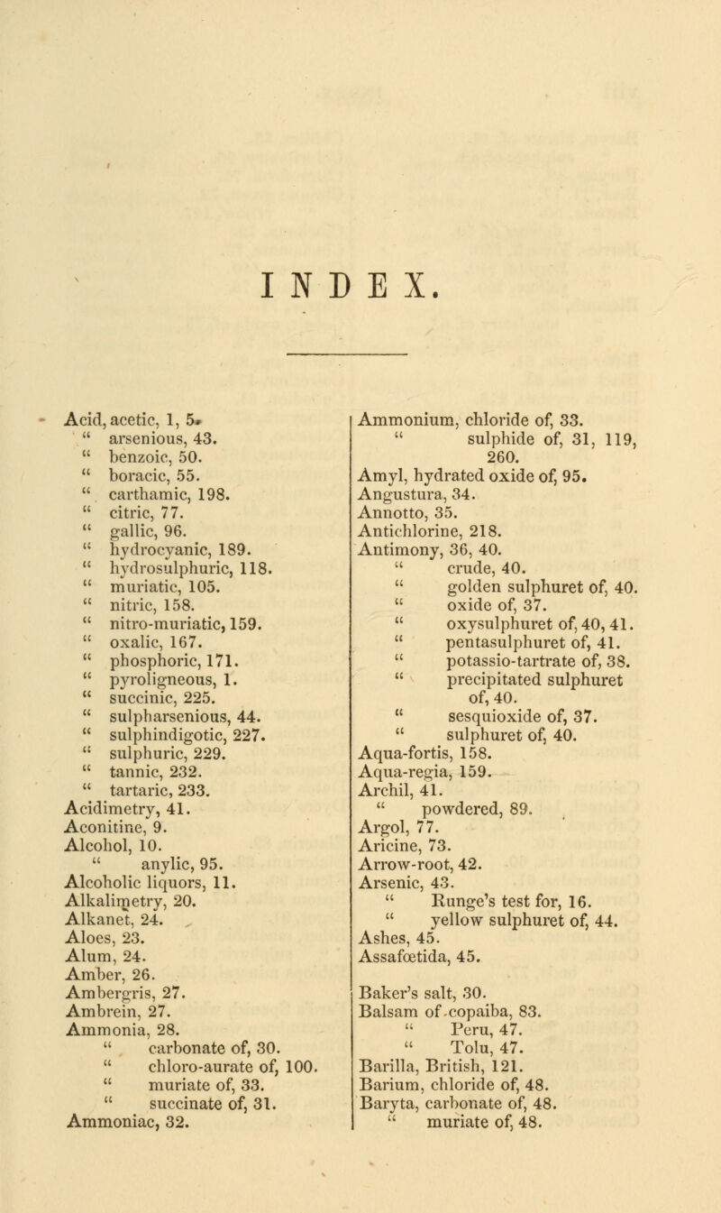 INDEX. Acid, acetic, 1, 5» Ammonium, chloride of, 33.  arsenious, 43.  sulphide of, 31, 119,  benzoic, 50. 260.  boracic, 55. Amyl, hydrated oxide of, 95.  carthamic, 198. Angustura, 34.  citric, 77. Annotto, 35.  gallic, 96. Antichlorine, 218.  hydrocyanic, 189. Antimony, 36, 40.  hydrosulphuric, 118.  crude, 40.  muriatic, 105.  golden sulphuret of, 40.  nitric, 158. oxide of, 37.  nitro-muriatic, 159.  oxysulphuret of, 40, 41.  oxalic, 167.  pentasulphuret of, 41.  phosphoric, 171.  potassio-tartrate of, 38. 11 pyroligneous, 1.  precipitated sulphuret  succinic, 225. of, 40.  sulpbarsenious, 44. 11 sesquioxide of, 37.  sulphindigotic, 227.  sulphuret of, 40.  sulphuric, 229. Aqua-fortis, 158.  tannic, 232. Aqua-regia, 159.  tartaric, 233. Archil, 41. Acidimetry, 41.  powdered, 89. Aconitine, 9. Argol, 77. Alcohol, 10. Aricine, 73.  anylic, 95. Arrow-root, 42. Alcoholic liquors, 11. Arsenic, 43. Alkalimetry, 20. Runge's test for, 16. Alkanel, 24.  yellow sulphuret of, 44. Aloes, 23. Ashes, 45. Alum, 24. Assafcetida, 45. Amber, 26. Ambergris, 27. Baker's salt, 30. Ambrein, 27. Balsam of-copaiba, 83. Ammonia, 28. Peru, 47.  carbonate of, 30. Tolu, 47. chloro-aurate of, 100. Barilla, British, 121.  muriate of, 33. Barium, chloride of, 48.  succinate of, 31. Baryta, carbonate of, 48. Ammoniac, 32.  muriate of, 48.