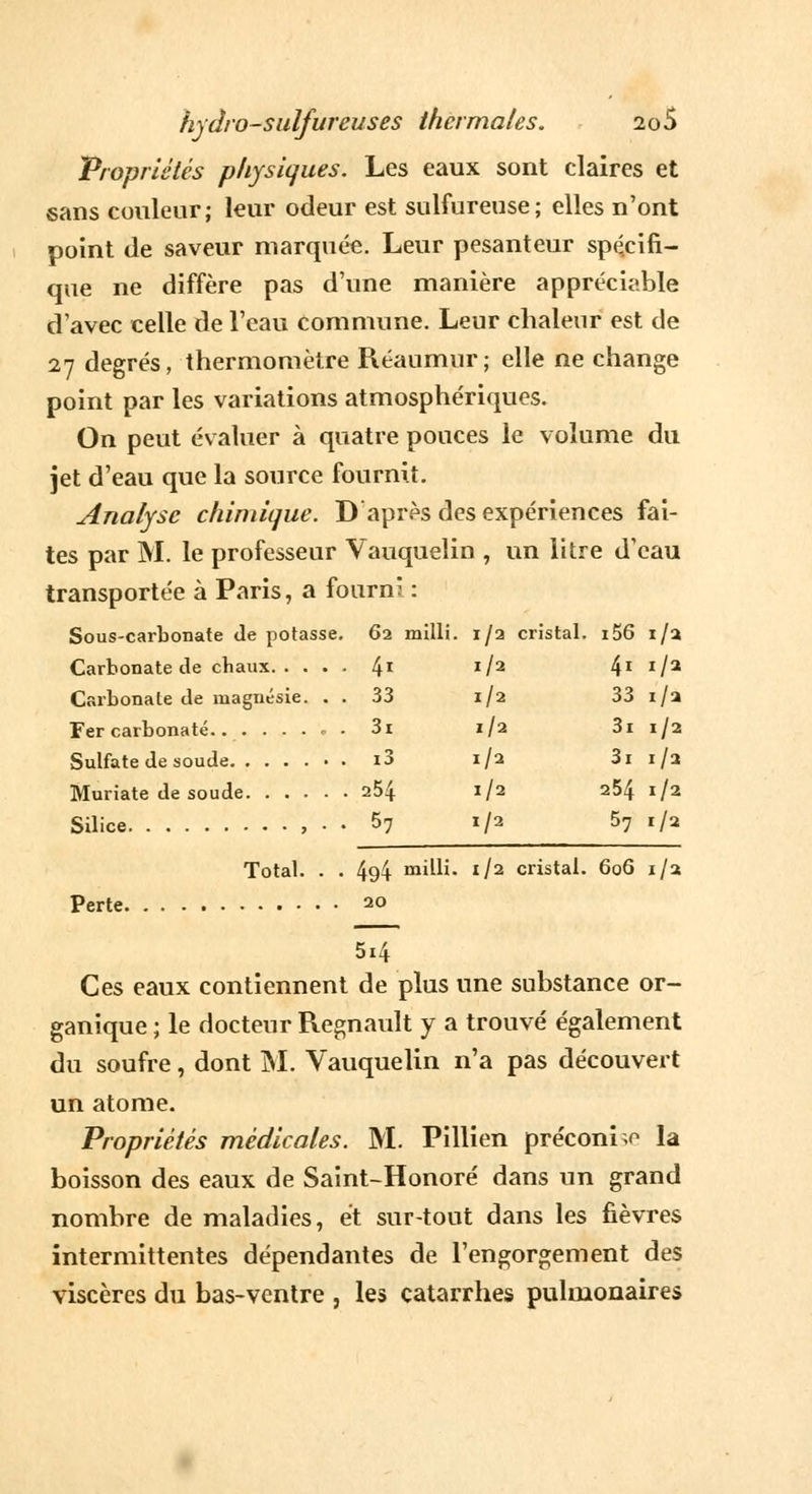 Propriétés physiques. Les eaux sont claires et sans couleur; leur odeur est sulfureuse; elles n'ont point de saveur marquée. Leur pesanteur spécifi- que ne diffère pas d'une manière appréciable d'avec celle de l'eau commune. Leur chaleur est de 27 degrés, thermomètre Réaumur; elle ne change point par les variations atmosphériques. On peut évaluer à quatre pouces le volume du jet d'eau que la source fournit. analyse chimique. D après des expériences fai- tes par M. le professeur Vauquelin , un litre d'eau transportée à Paris, a fourni : Sous-carbonate de potasse. 62 milli. 1/2 cristal. i56 i/a Carbonate de chaux 41 x/2 41 */a Carbonate de magnésie. . . 33 1/2 33 1/a Fer carbonate <- . 3i 1/2 3i 1/2 Sulfate de soude i3 1/2 3i 1/2 Muriate de soude 254 1I2 2^4 I/2 Silice , • • 57 1/2 57 i /a Total. . . 494 milli- ll2 cristal. 606 i/a Perte 20 54 Ces eaux contiennent de plus une substance or- ganique ; le docteur Regnault y a trouvé également du soufre, dont M. Vauquelin n'a pas découvert un atome. Propriétés médicales. M. Pillien préconho la boisson des eaux de Saint-Honoré dans un grand nombre de maladies, et sur-tout dans les fièvres intermittentes dépendantes de l'engorgement des viscères du bas-ventre , les catarrhes pulmonaires